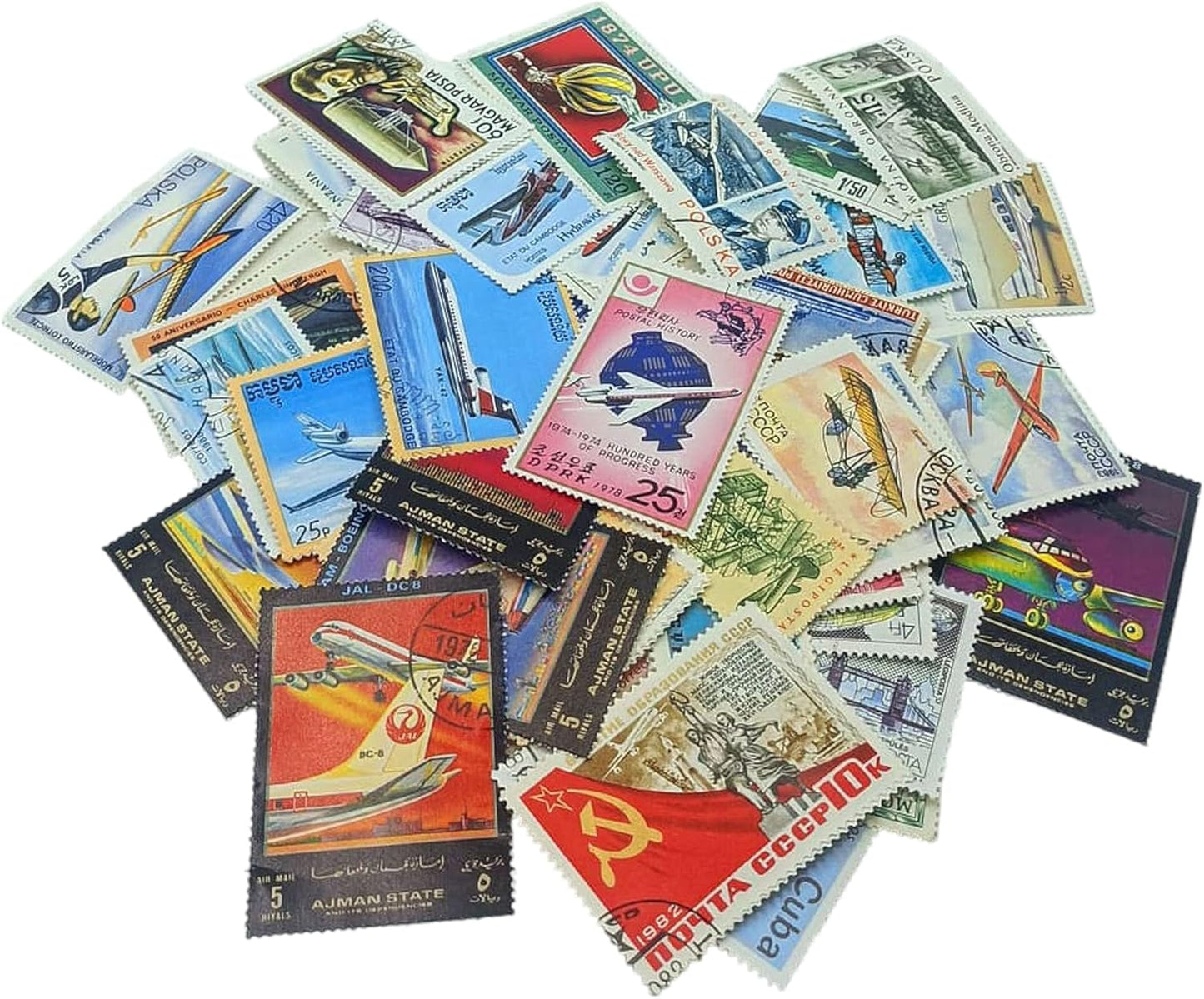 IMPACTO COLECCIONABLES – 100 Airplane-Themed Stamps Collection with Included Album (5.5 x 7 x 0.4 in) | Enhance your philatelic collection with postmarked stamps in a compact and elegant album
