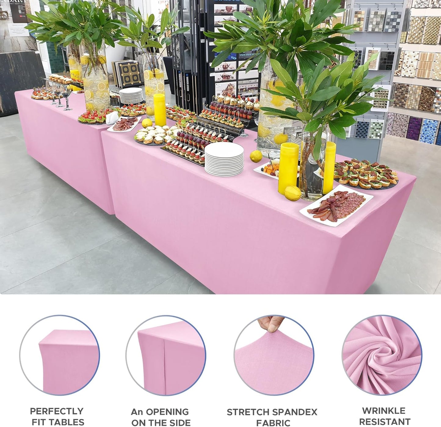 Nasitos Pink Fitted Table Covers Stretch Spandex - 96 x 30 Inch - 2 Pack Rectangle Table Clothes for 8 Foot Folding Tables, Fabric Tablecloths for Parties, Trade Show, Craft Show, Birthday