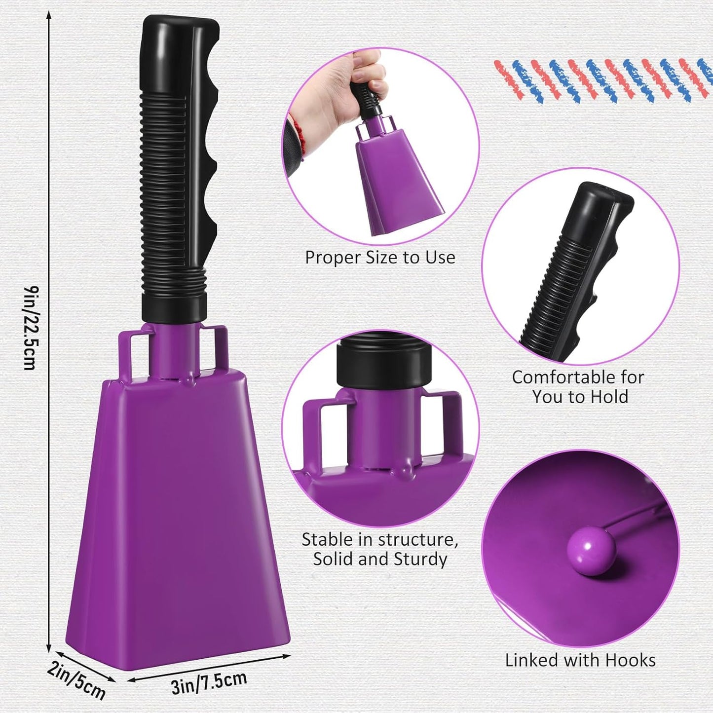 Pelopy 12 Pcs Large Cow Bell 9 '' Cowbell with Handle Cowbells for Sporting Events Hand Percussion Cheering Bell Chimes for Football Game, Alarm Loud Noise Makers, Musical Instrument(Purple, Blue)