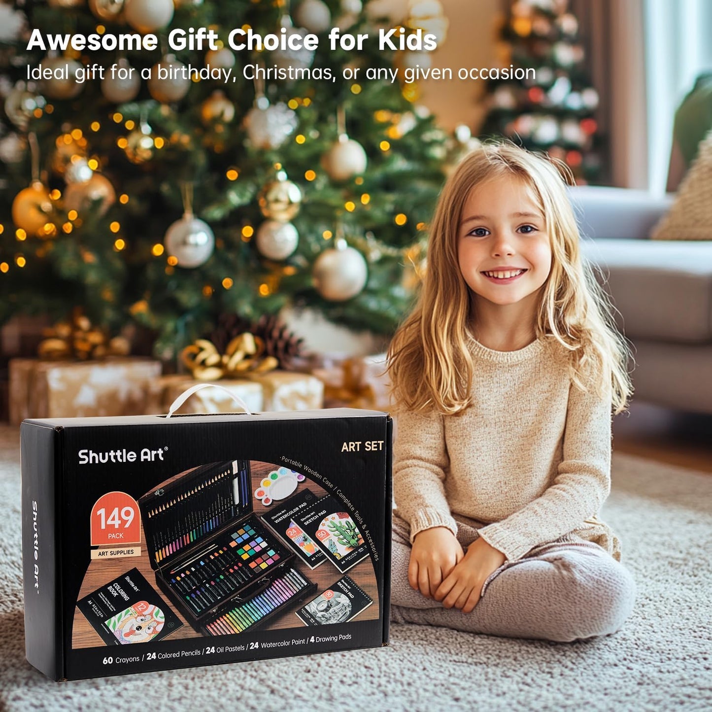 Shuttle Art 149 Piece Deluxe Art Set, Art Supplies in Wooden Case, Painting Drawing Art Kit with Crayons Colored Pencils Oil Pastels Watercolor Cakes Coloring Book Sketch Pad for Kids Adults