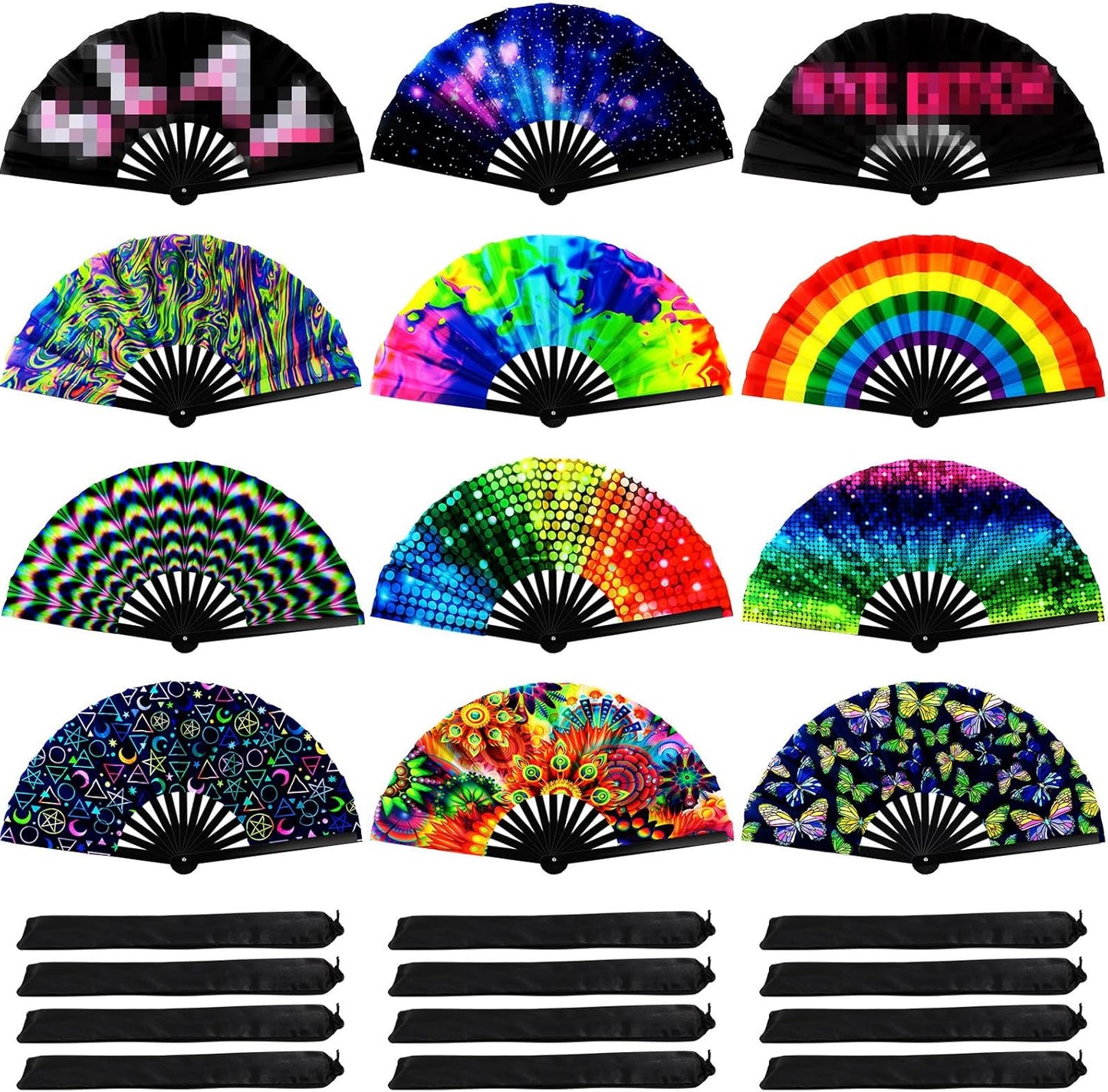 Qunclay 12 Pieces UV Glow Large Rave Folding Hand Fan Festival Fan for Men Women Chinese Japanese Clack Handheld Fan with Rainbow Butterfly for Drag Queen Dance Performance Music Party Gifts, 24 Inch