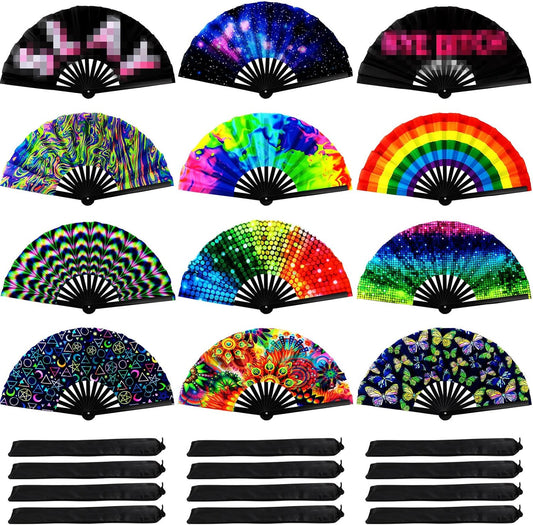 Qunclay 12 Pieces UV Glow Large Rave Folding Hand Fan Festival Fan for Men Women Chinese Japanese Clack Handheld Fan with Rainbow Butterfly for Drag Queen Dance Performance Music Party Gifts, 24 Inch