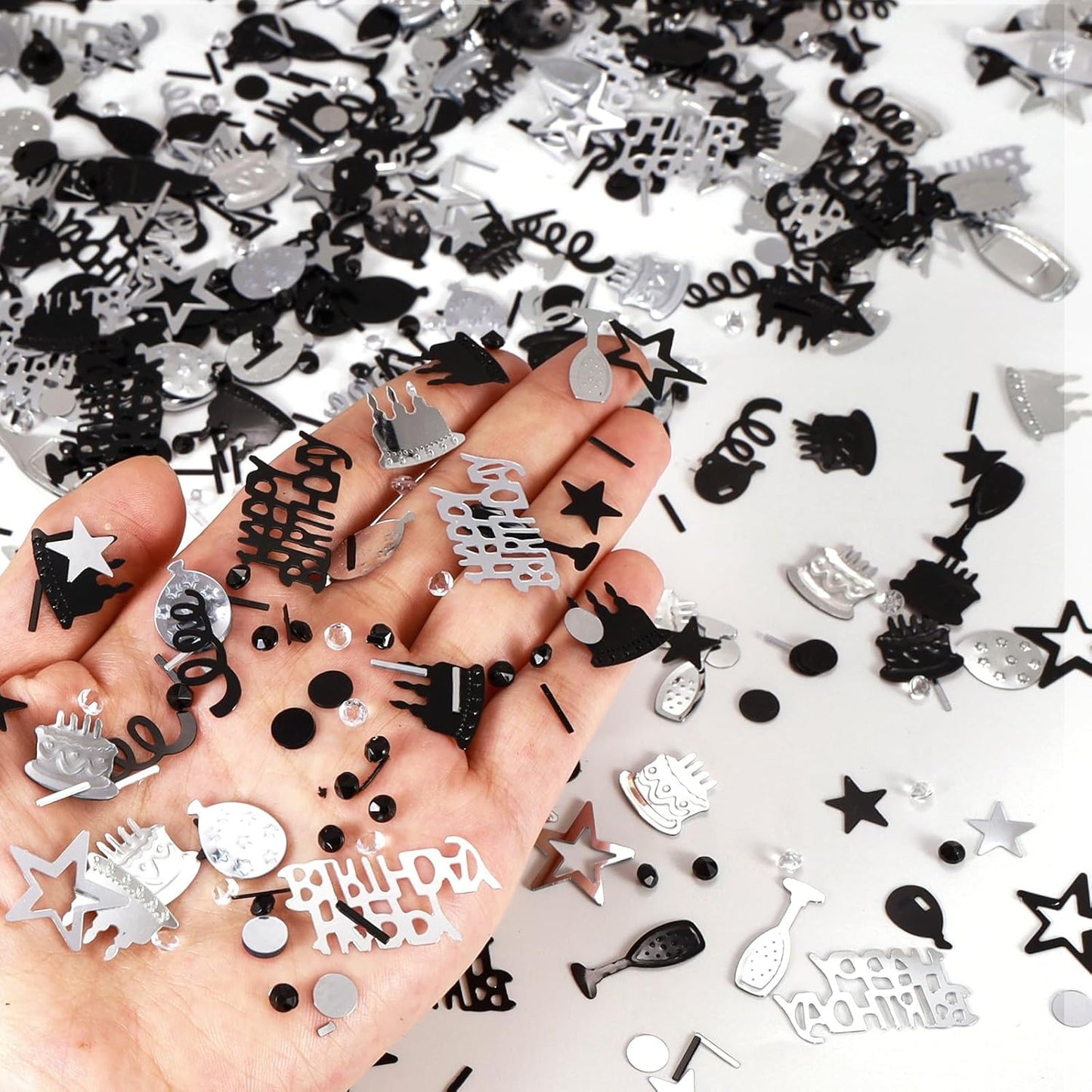 Silver and Black Happy Birthday Confetti, 3000 Pcs Birthday Cake Table Metallic Foil Confetti Party Table Decor for Party, Baby Shower, DIY Arts and Crafting