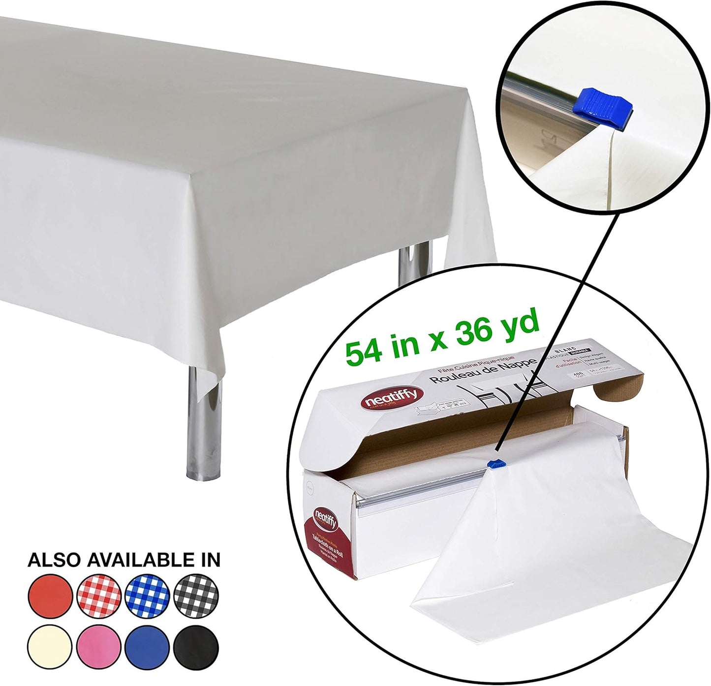 Neatiffy Disposable Plastic Table Cloth Roll | 54 in x 108 Ft Waterproof Tablecloth | Table Cover for Rectangle, Square, Round Oval Tables | Picnic, Party, Banquet, Birthdays, Weddings - White