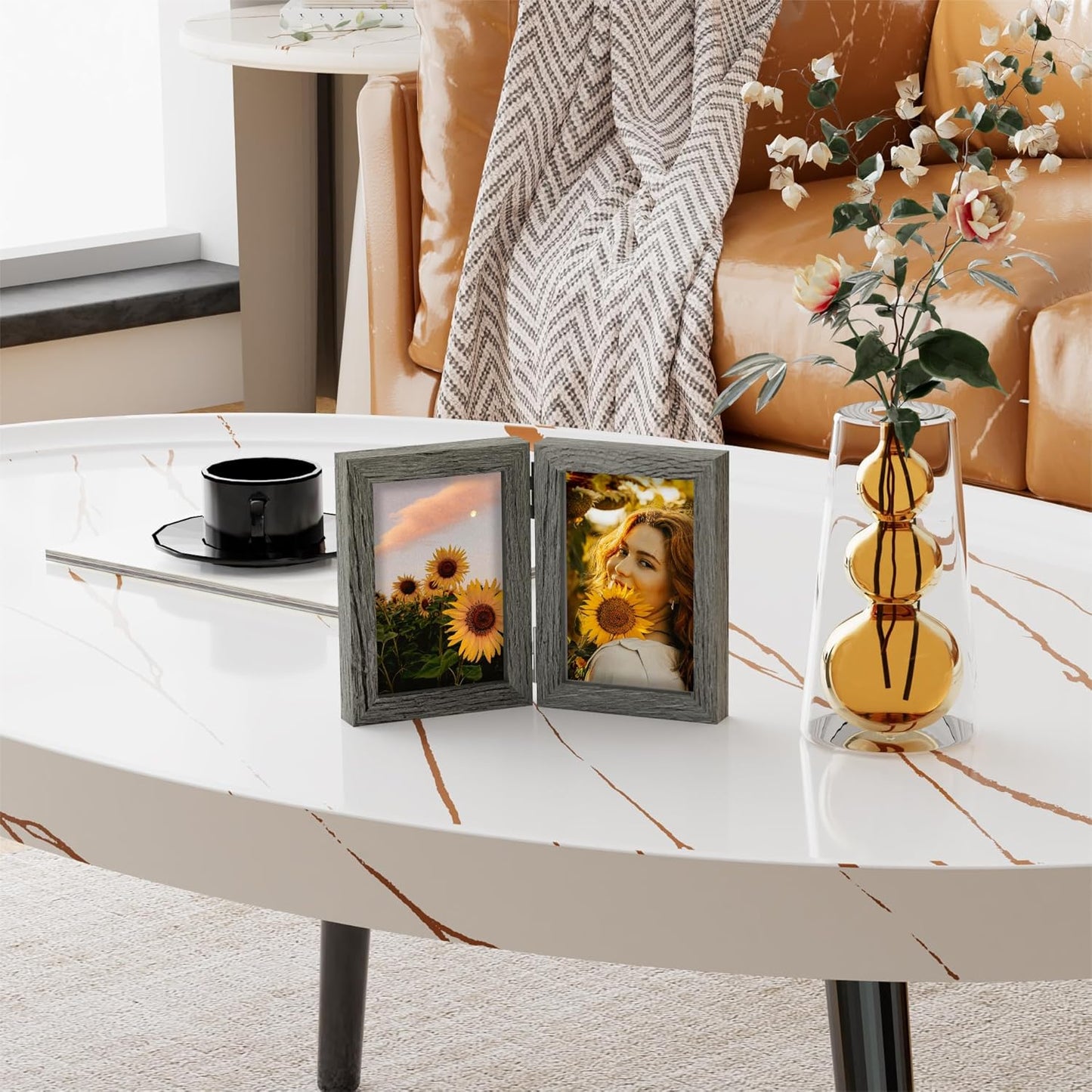 decorUhome Double 4x6 Picture Frame Vertical, Engineered Wood Bifold Photo Frame with Plexiglass for Tabletop Display, 4x6, Grey