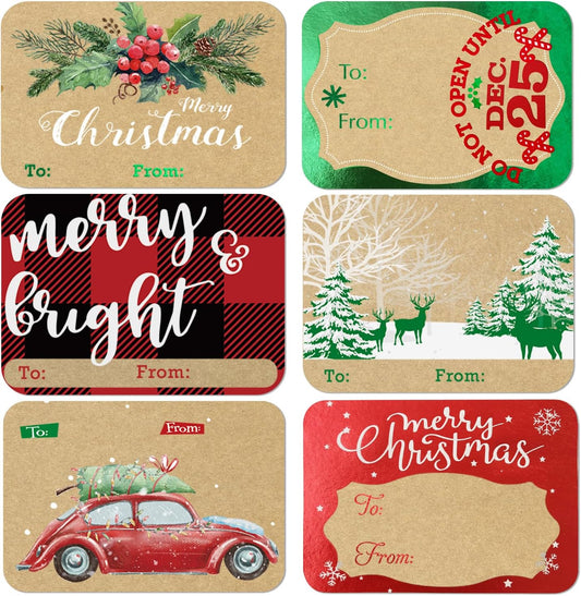 80-Count Foil Kraft Christmas Tags Sticker，8 Jumbo Designs - Xmas to from Christmas Stickers Name Tags Write On Labels - Holiday Present Labels