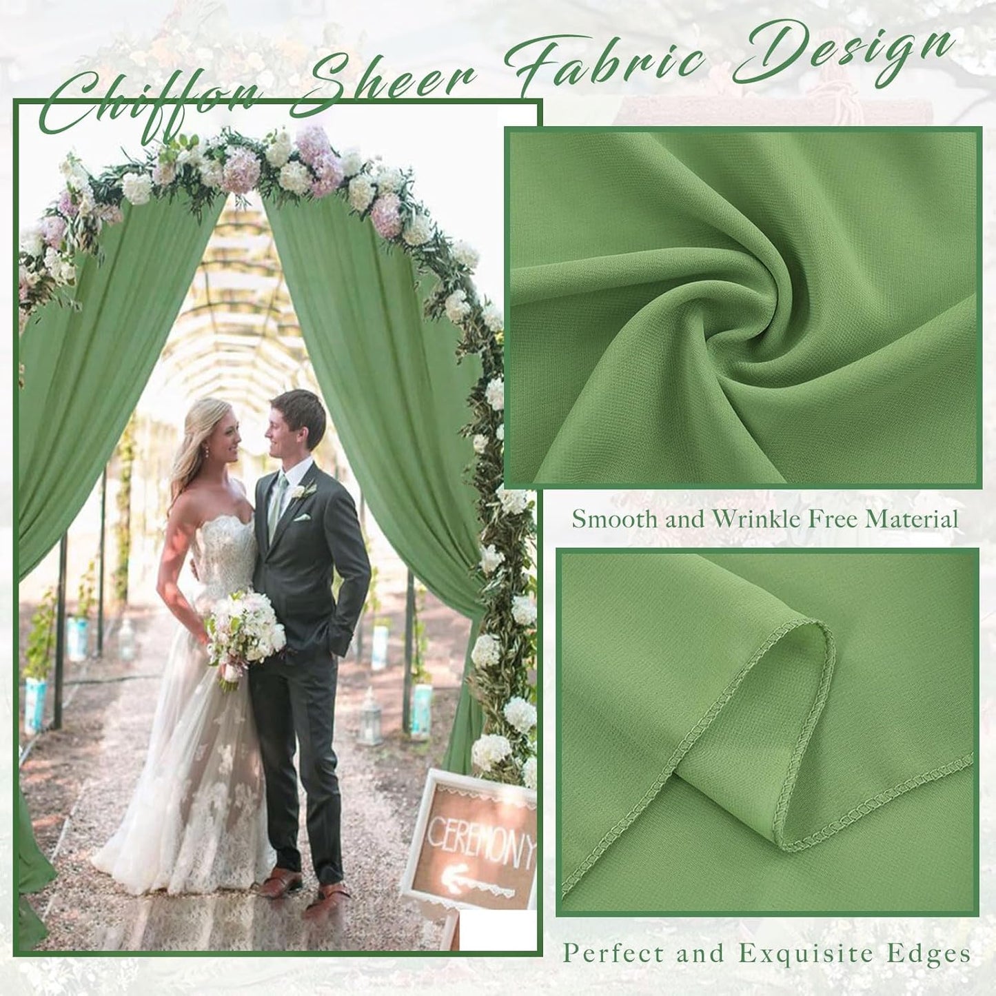 Wedding Arch Draping Fabric 2 Panels 20Ft length x 28" width Sage Green Arch Drapes Chiffon Fabric Sheer Curtains Backdrop for Party Bridal Decorations Wedding Ceremony Ceiling Stage Reception Decor