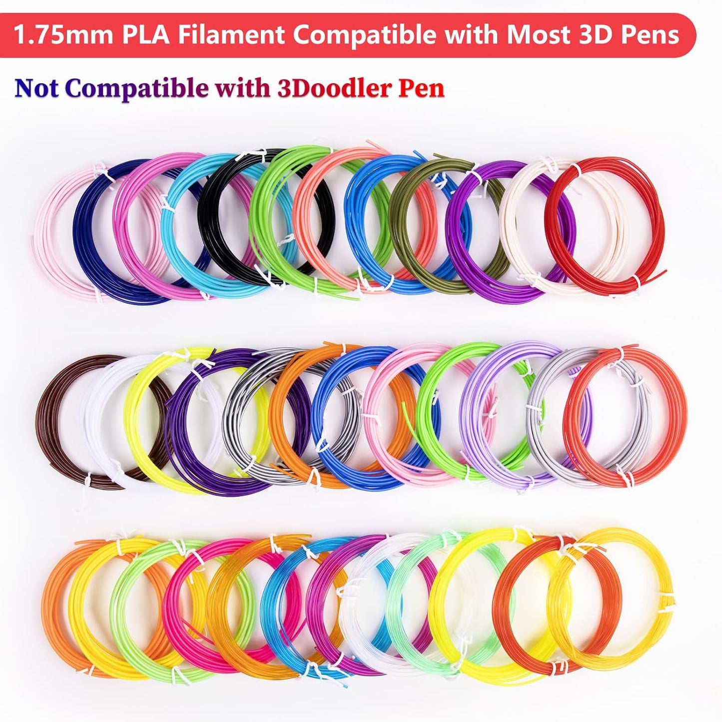 36 Colors 3D Pen Filament 1.75mm PLA, Each Color 10 Feet, Total 360 Feet 3D Pen Filament Refills 3D Printing Pen Refills with High-Precision Diameter Not Compatible with 3Doodler Pen