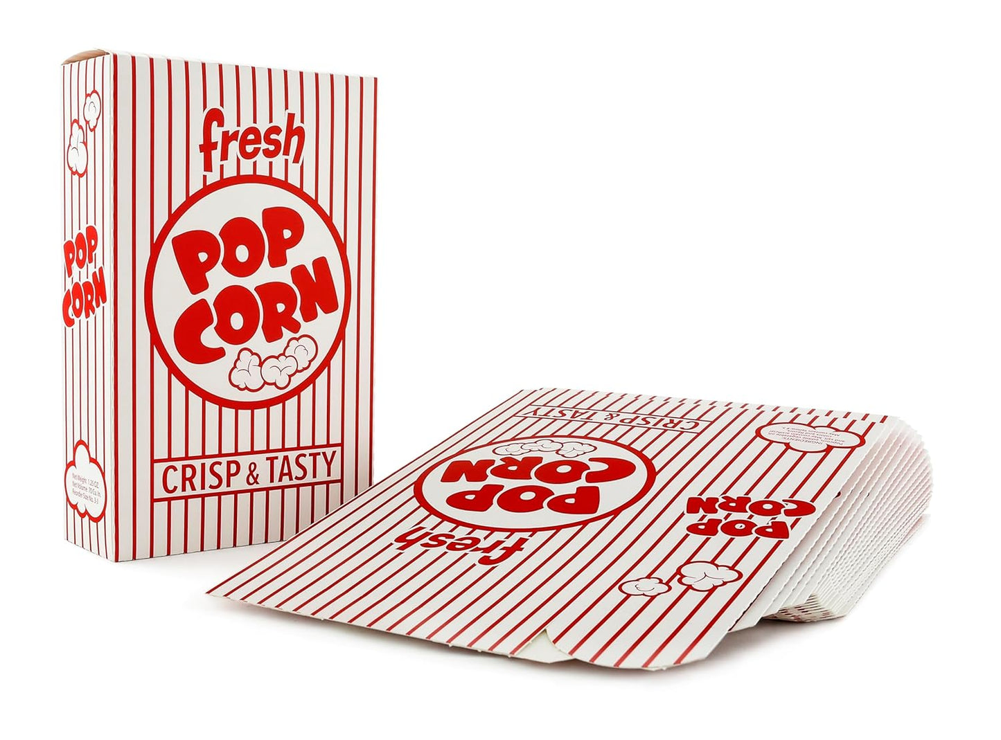 Snappy 3J Red & White Striped Close Top Popcorn Boxes for Movie Night Supplies, Popcorn Boxes Bulk 50 Count, Movie Night Popcorn Boxes 1.25 oz. Capacity, 4.625” x 2” x 7.5” Popcorn Containers