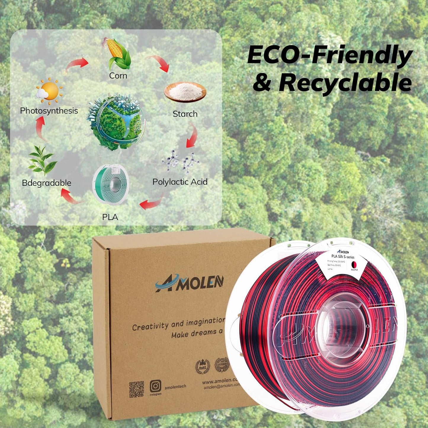 AMOLEN Silk PLA 3D Printer Filament, Shiny Multicolor Rainbow PLA Filament 1.75mm, Fast Color Change PLA 3D Printing Filament for Most FDM 3D Printer, Black Red, 1kg (2.2lbs)