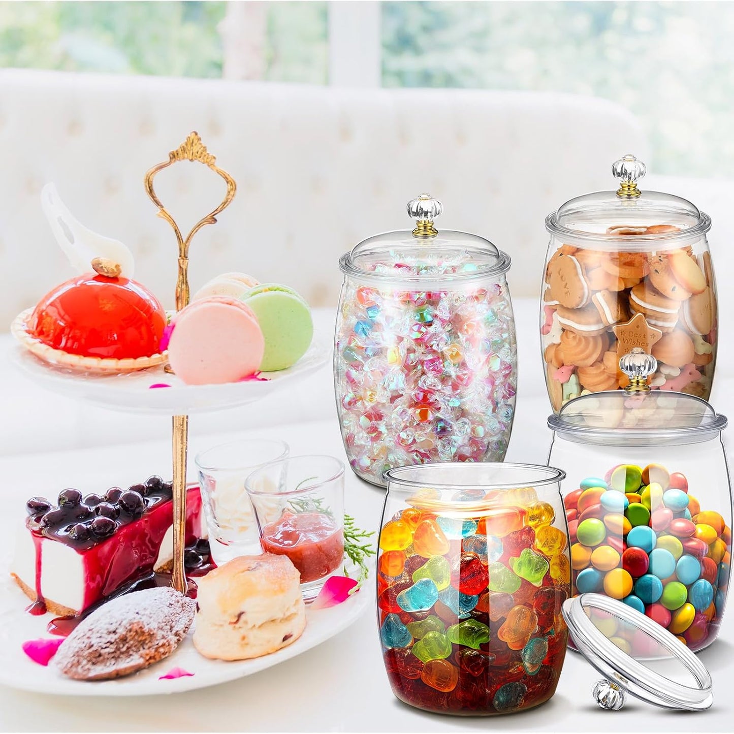 Nuogo 6 Pcs Plastic Candy and Cookie Jar with Lids Decorative Apothecary Jars Candy Buffet Containers Clear Airtight Food Storage Canister Home Decoration(42 oz,Classic)