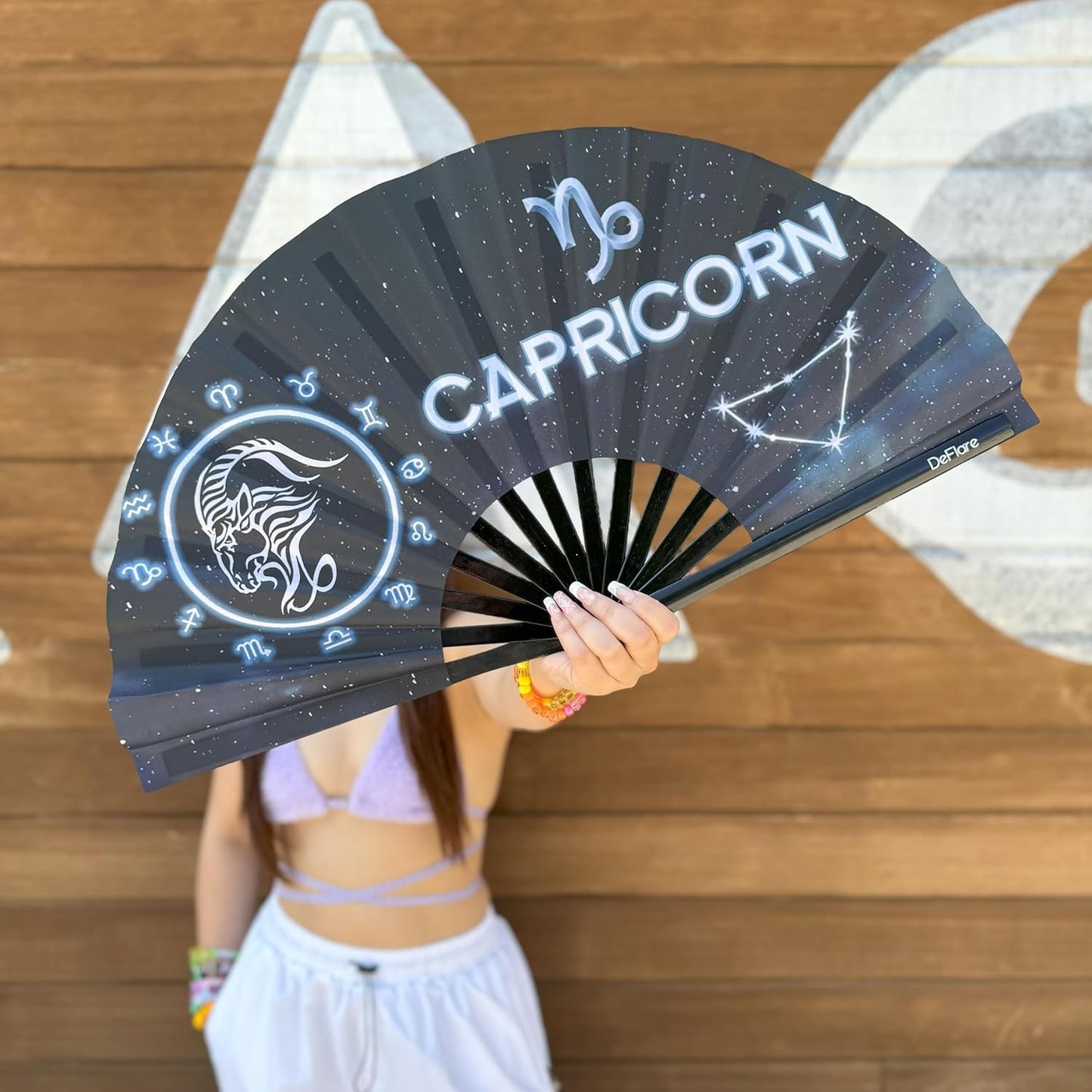 DeFlare | Cosmic Zodiac Rave Fan | Zodiac Sign Hand Fan | Astrology Rave Fan | Hand Fan | Large Rave Fan | Large Clacking Fan