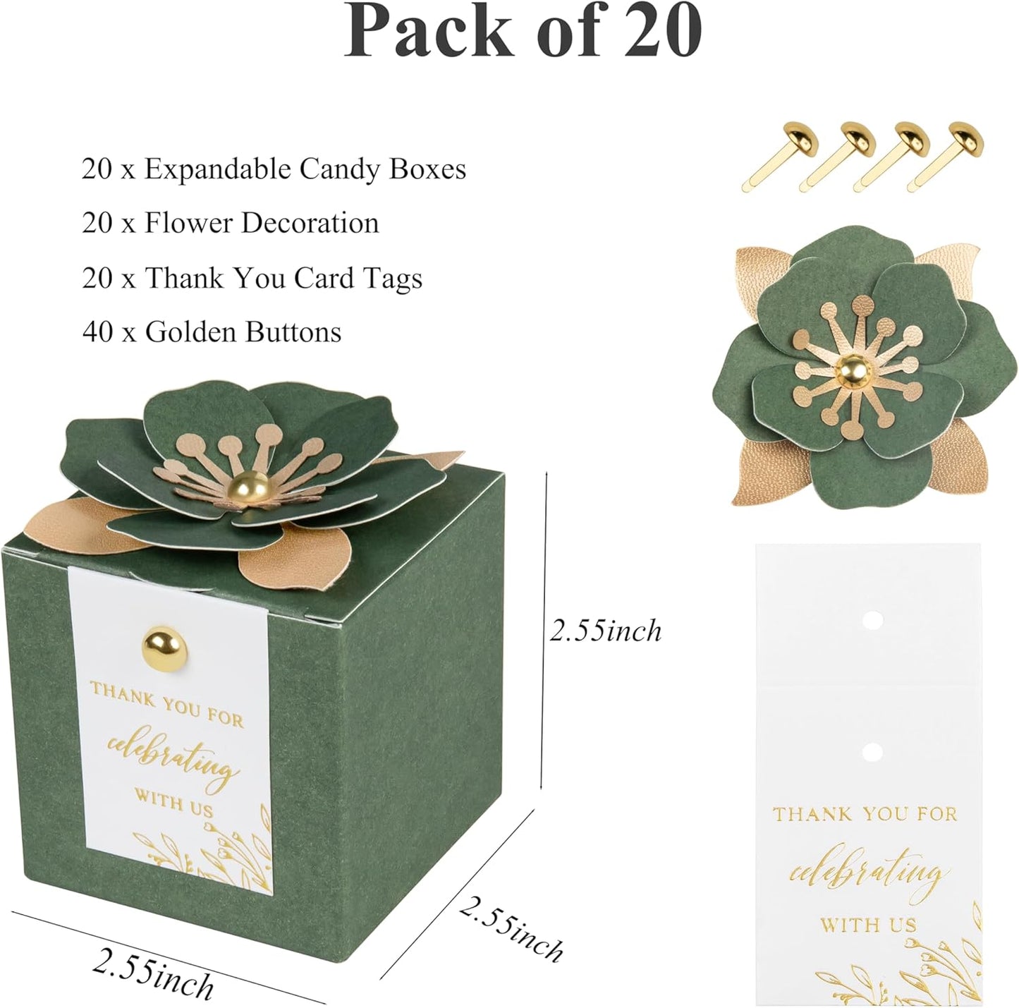 FEIYI 20 PCS Favor Boxes, 3 In 1 Olive Green Candy Boxes with Floral Decor, White Thank You Tags Gold Foil Print Gift wrapping for Wedding, Baby Shower, Birthday, Decorations Party - 2.55x2.55x2.55
