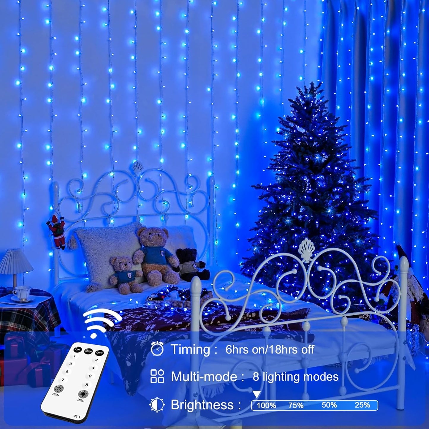 JMEXSUSS 300LED Christmas Curtain Lights, Blue Christmas Lights with Remote, Blue String Lights for Bedroom Wall Window Backdrop Garden Indoor Outdoor Patio Yard Porch Decorations, 9.8x9.8ft