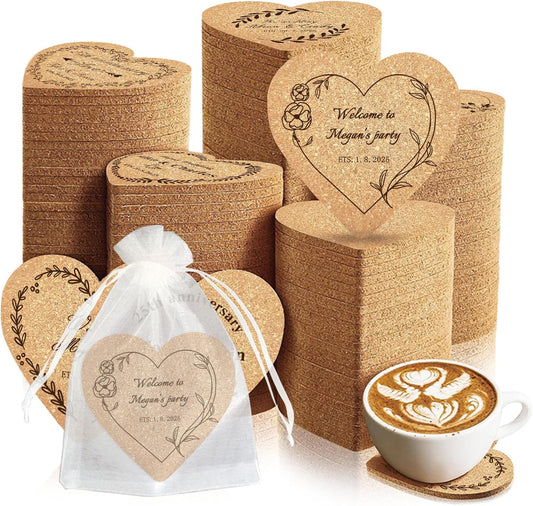 Custom Coasters Personalized Cork Coasters Bulk with Logo Wedding Personalized Cork Natural Wood Engraved Drink for Wedding Favors (Cork Coasters - Heart)