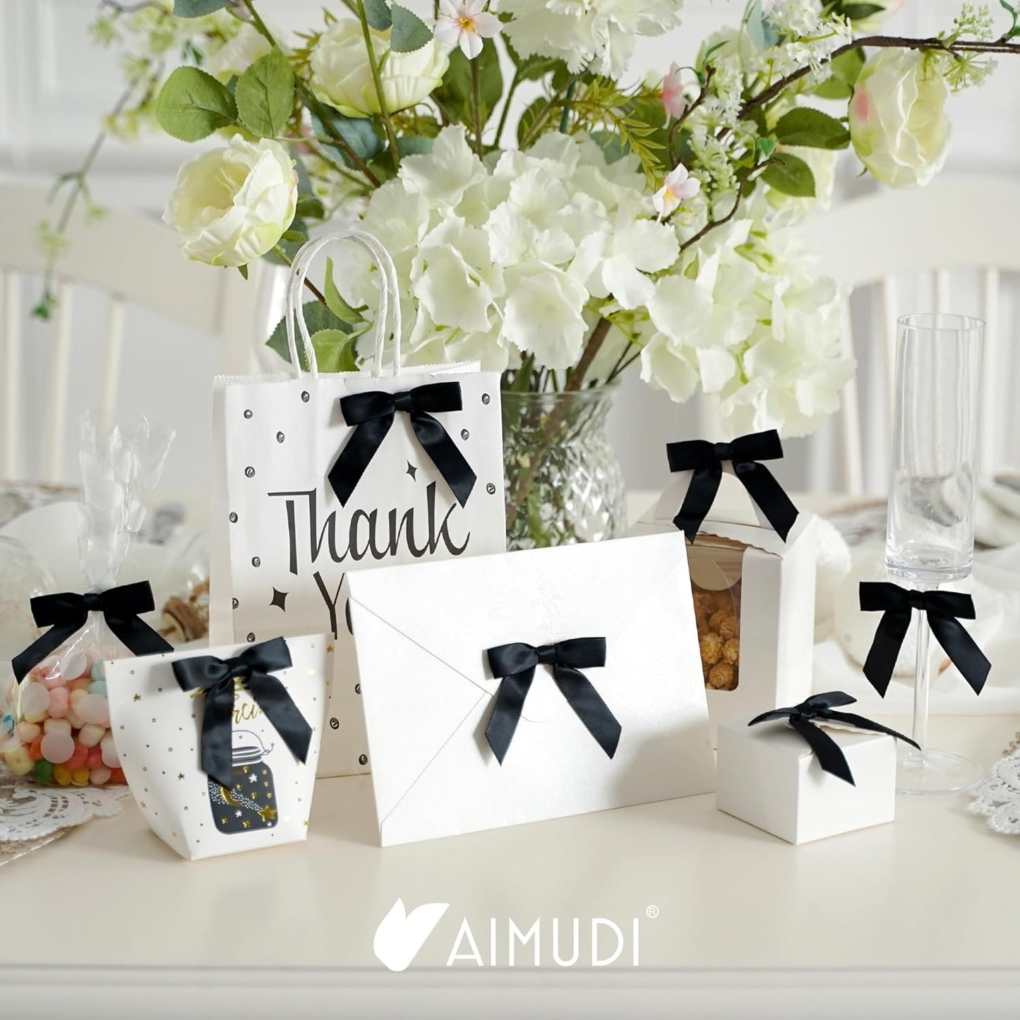 AIMUDI Black Bows 2.5" Satin Bows for Gift Wrapping Twist Tie Bows for Crafts Pre-Tied Black Satin Ribbon Bows Small Gift Bows for Treat Bags Party Favors Wedding Decorations - 50 Counts