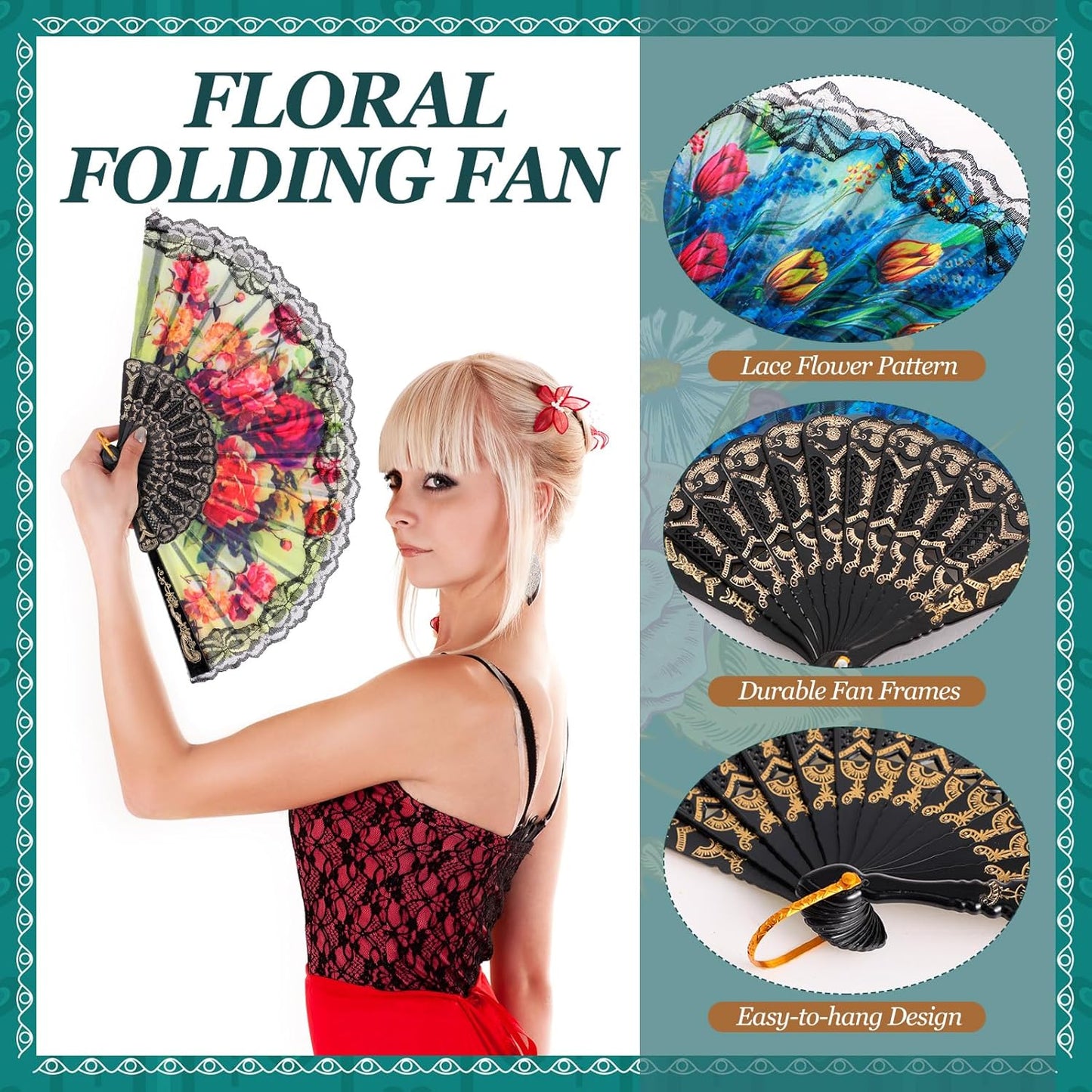 Geetery 30 Pcs Folding Hand Fan for Line Dancing Spanish Boots on The Ground Fans Gifts Bulk Colorful Silk Popping Rave for Women Tea Party Wedding Church Halloween Costume(Floral,Colors Random)