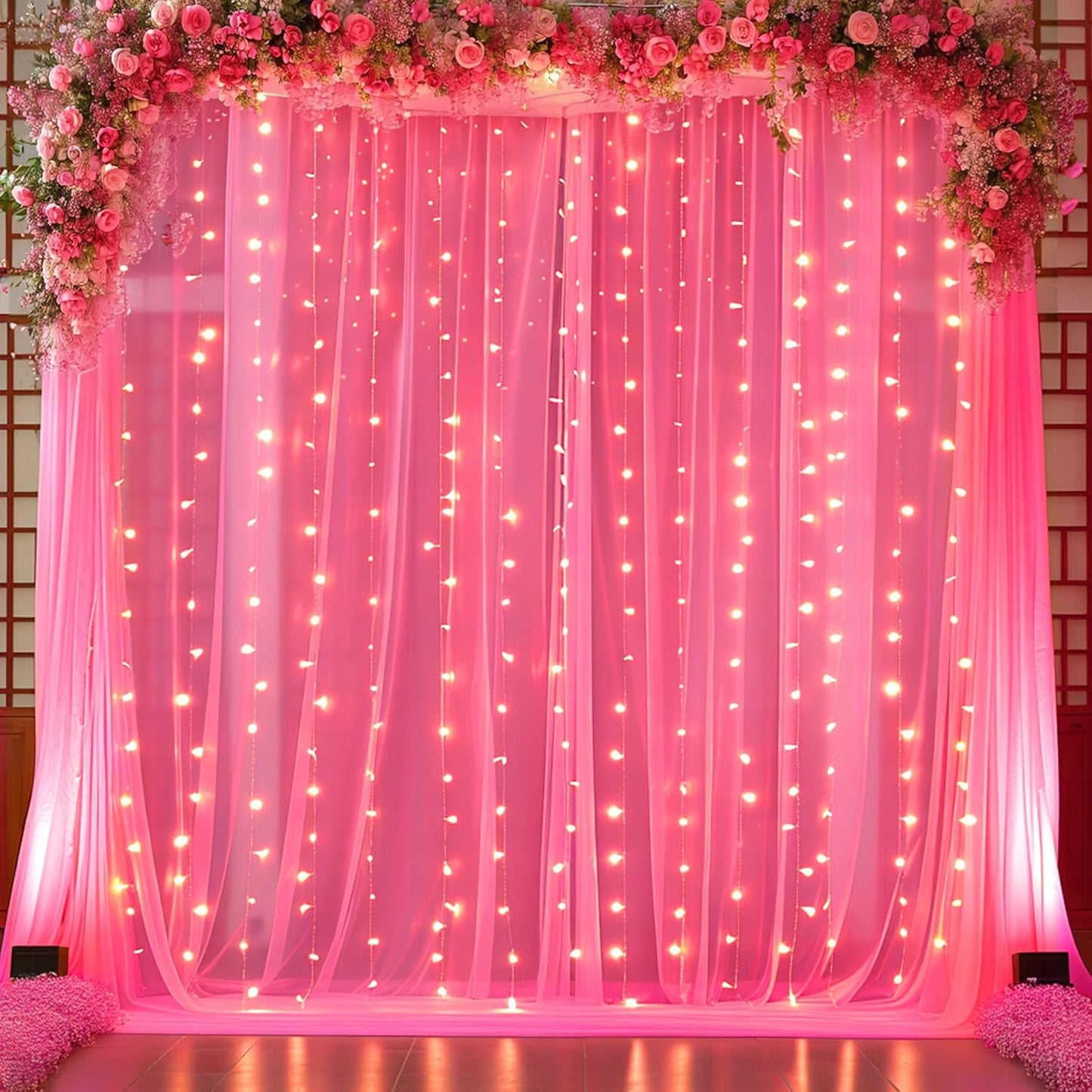 10ft x 10ft Hot Pink Tulle Photo Backdrop Curtain with Lights String for Parties Wedding Sheer Fuchsia Curtain Backdrop for Birthday Party Bridal Shower Photo Booth Photography Background Decorations