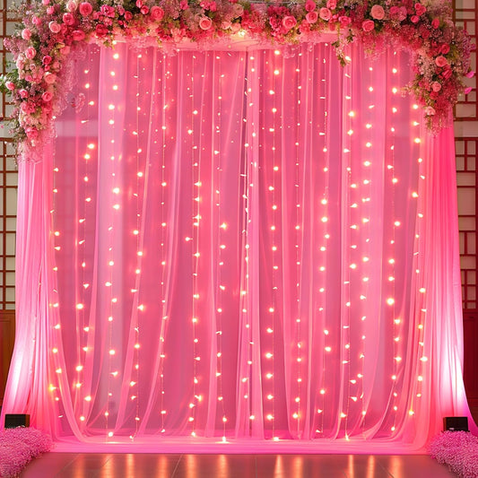 10ft x 10ft Hot Pink Tulle Photo Backdrop Curtain with Lights String for Parties Wedding Sheer Fuchsia Curtain Backdrop for Birthday Party Bridal Shower Photo Booth Photography Background Decorations