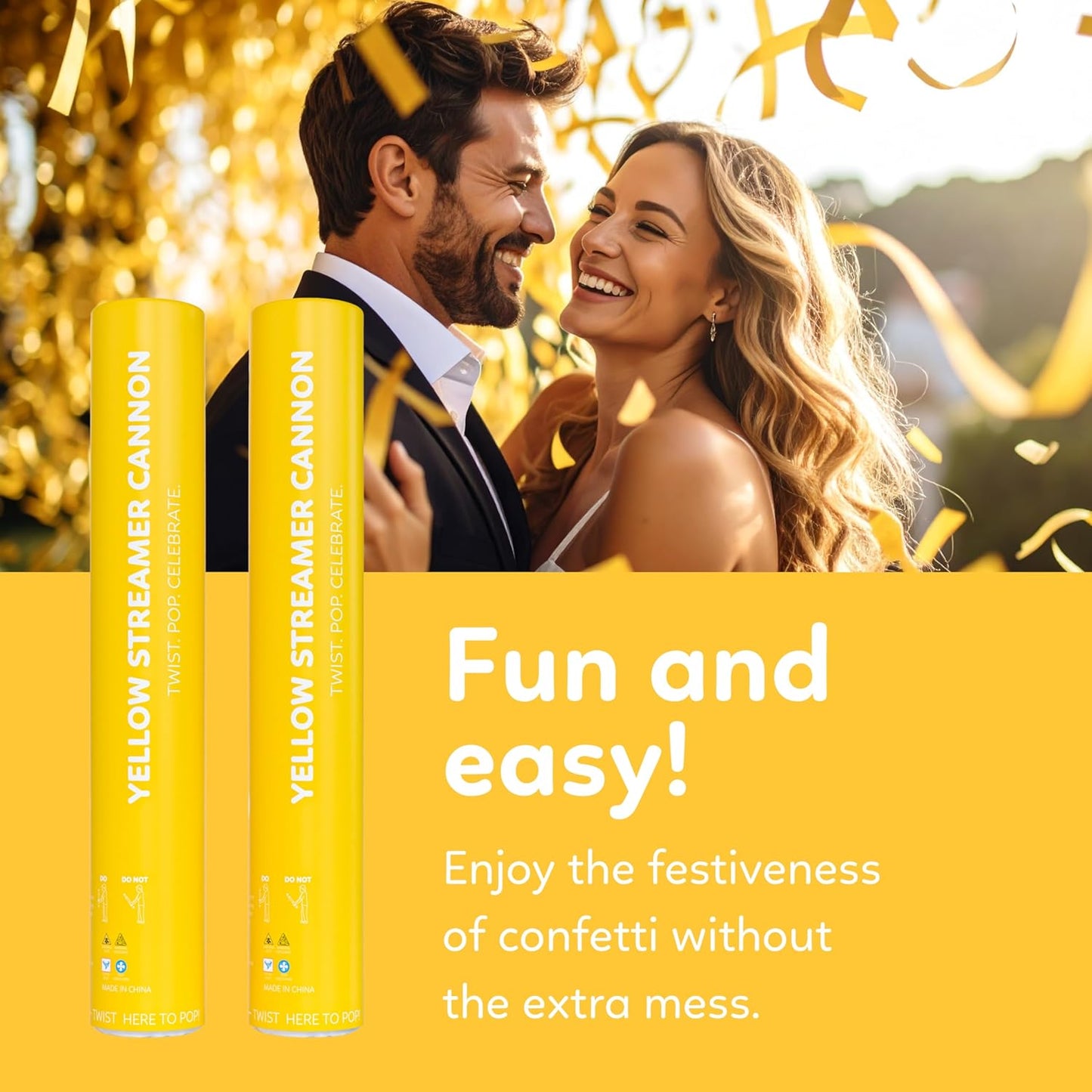 2 Pack Streamer Cannon Confetti Poppers | Biodegradable Yellow Confetti | TUR Party Supplies | Launches Up to 25ft | Giant (12 in) | Party Poppers for Graduation, Birthdays, Weddings, and Memorial Day