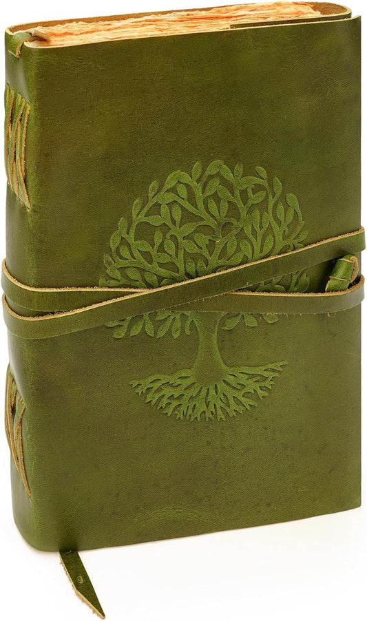 LUXEORIA Tree Of Life Leather Journal for Women and Men, Handcrafted Leather Journal for Writing Womens, Sketchbook, Travel Diary with Unlined Deckle Paper, Mint Green 7x10