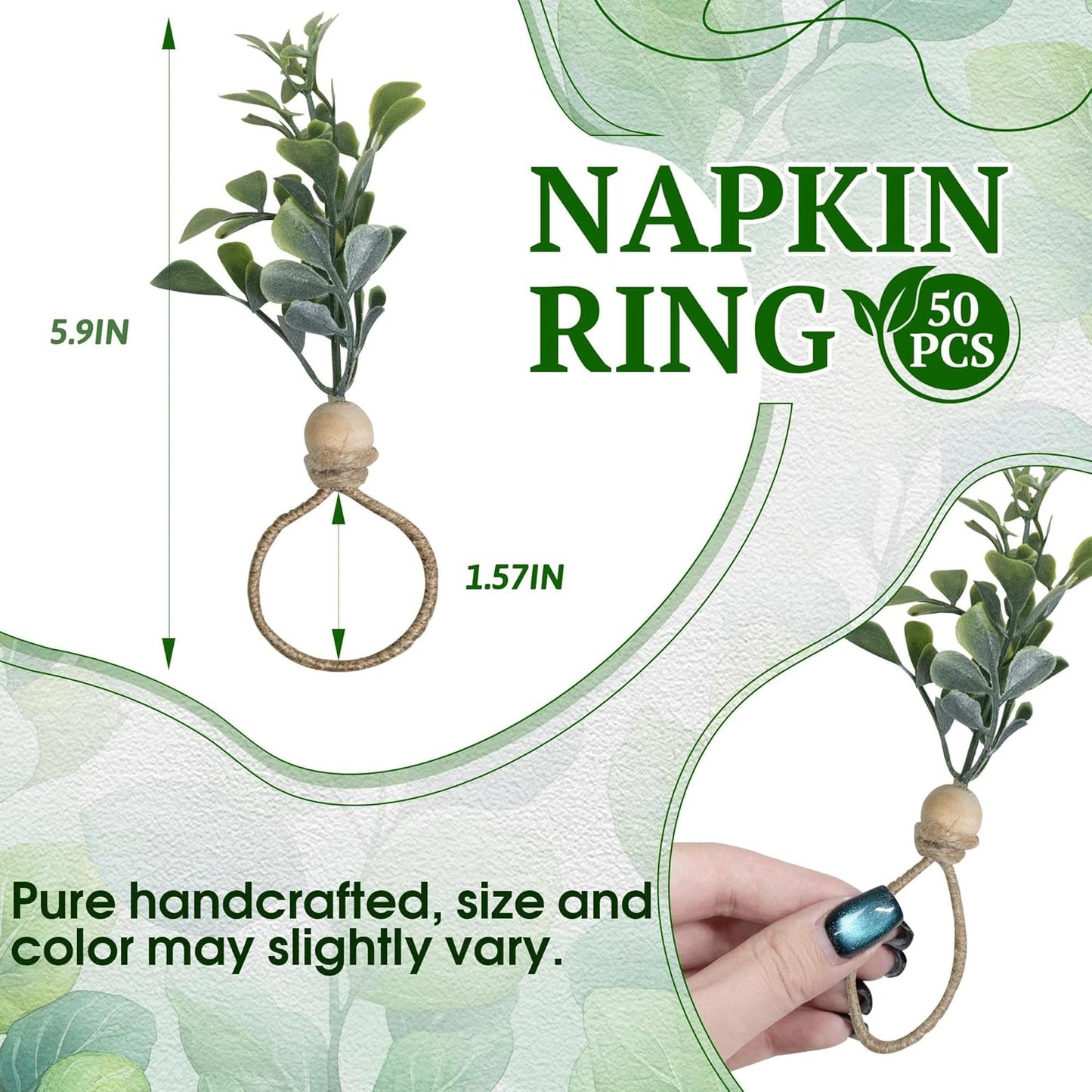 MAOANME Napkin Rings Set of 50, Rustic Eucalyptus Napkin Holder Rings with Wood Bead, Farmhouse Green Leaf Napkin Ring Bulk, Boho Napkin Ring for Wedding, Table Decor