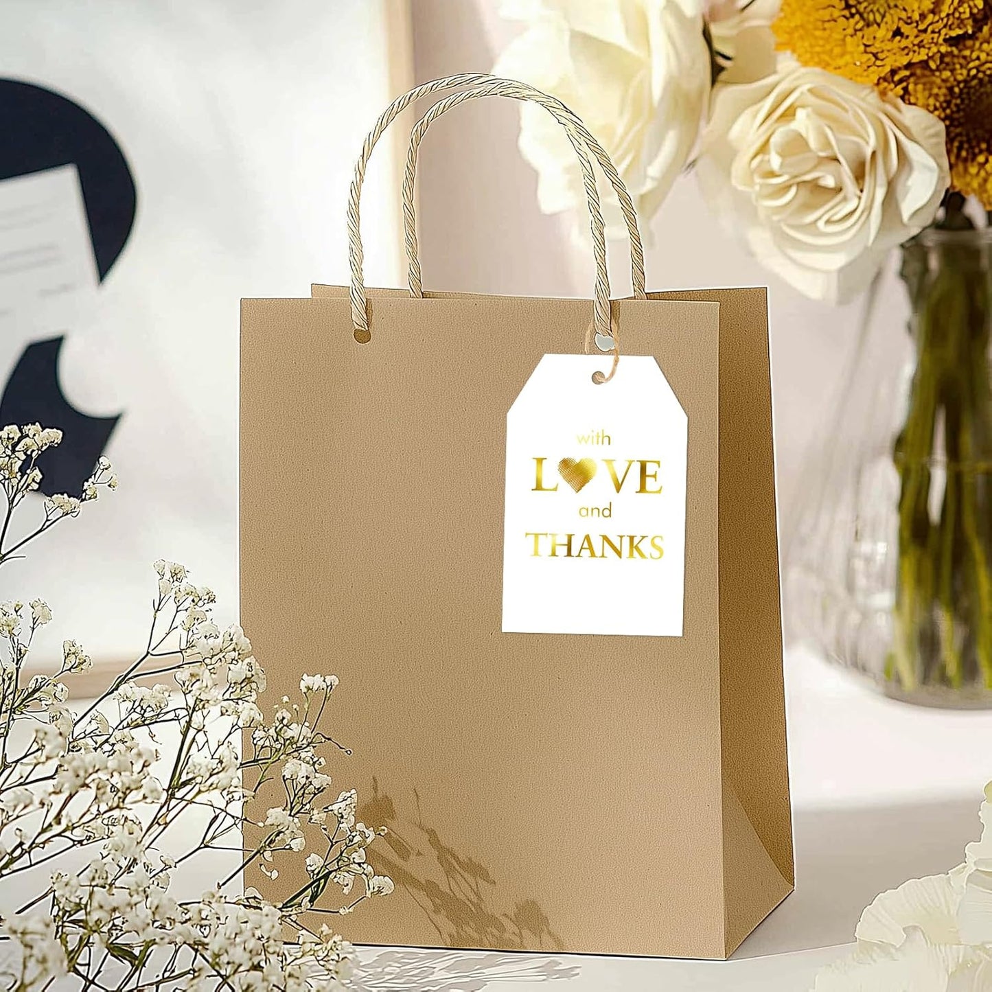 joycraft 50PCS Gold Foil Thank You Tags with String – White Gift Wrapping Hangtags, Paper Hang Tags for Wedding, Baby Shower, for Guests, Favor Hangtags