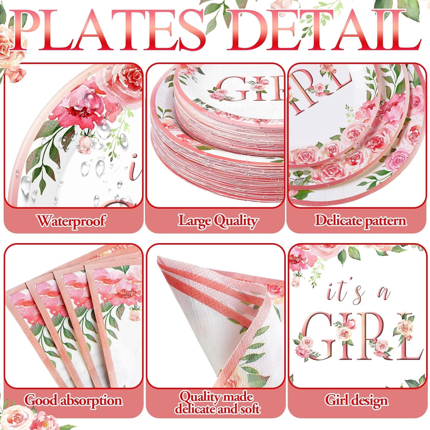 452 Pcs Pink Floral Baby Shower Party Supplies Include It's a Girl Baby Shower Paper Plates Cups Napkins Tablecloth Cutlery Straws for Pink Flower Girl Gender Reveal Birthday Party