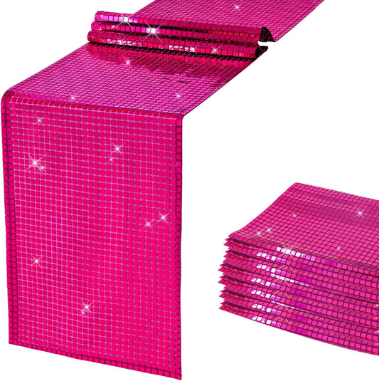 SquarePie Disco Table Runner 6 Pack - Hot Pink Mirror Sequin Glitter Foil Runner for Disco Party Decor Retro 70s 80s Theme, Bachelorette Birthday Dance Decoration 12x108 Inch