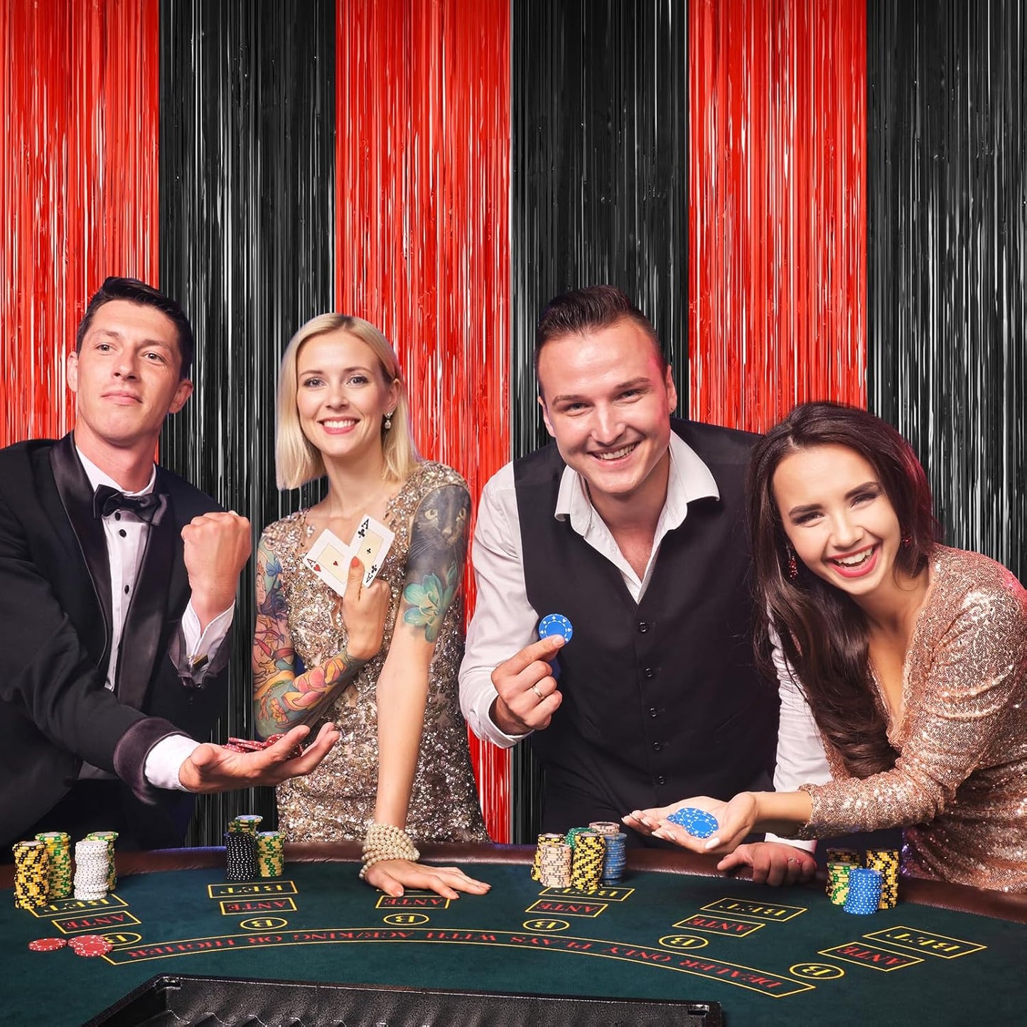 2Pack Black Red Backdrop Curtains Party Decor, Door Streamers Photo Booth Backdrop Metallic Party Streamer Tinsel Foil Fringe Curtains Backdrop Halloween Baby Shower Bachelorette Xmas Party Decors