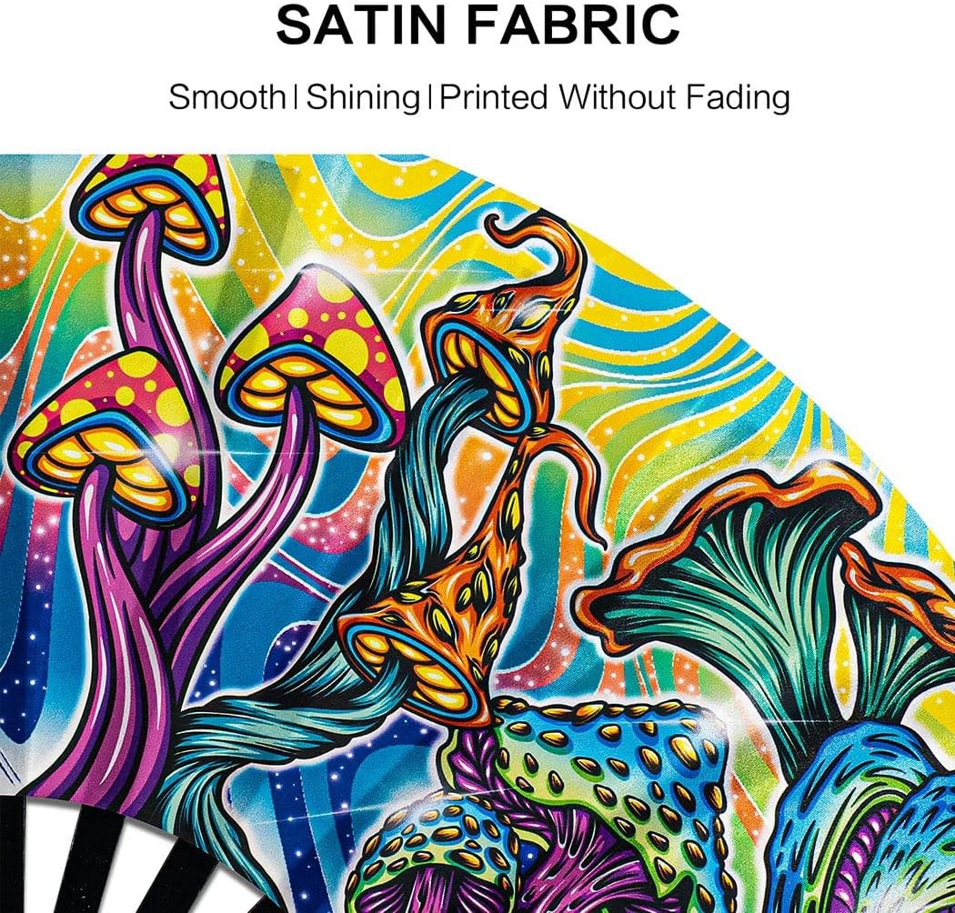 13" Large Rave Fan Bamboo, Folding Clack Hand Fans Foldable for Men Women, Boots on the Ground Poping Fan for EDM Festival Line Dance Decoration, (Magic Mushroom2, Large 13")