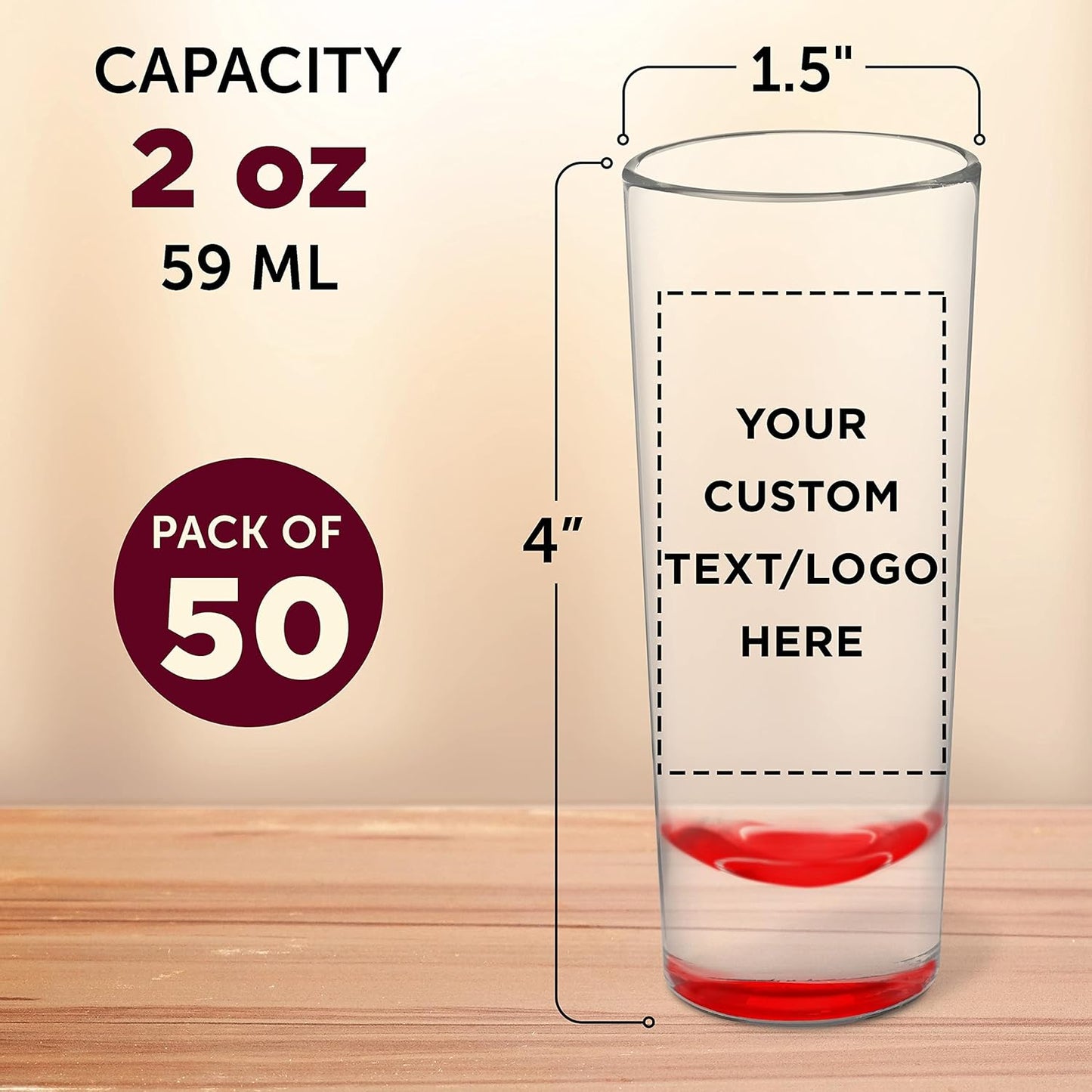 Custom Cordial Shooter Shot Glasses 2 oz. Set of 50, Personalized Bulk Pack - Great for Birthdays, Parties, Indoor & Outdoor Events - Red