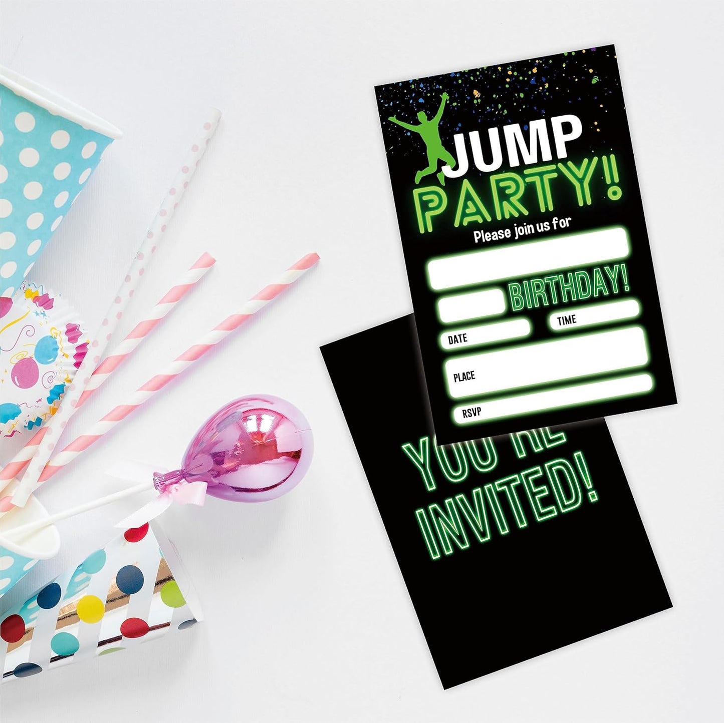 Glow Trampoline Birthday Invitations, Jump Party Invite Cards（20 Count) With Envelopes, Fill In Style Invite Cards For Boys & Girls, Birthday Party Supplies-C01