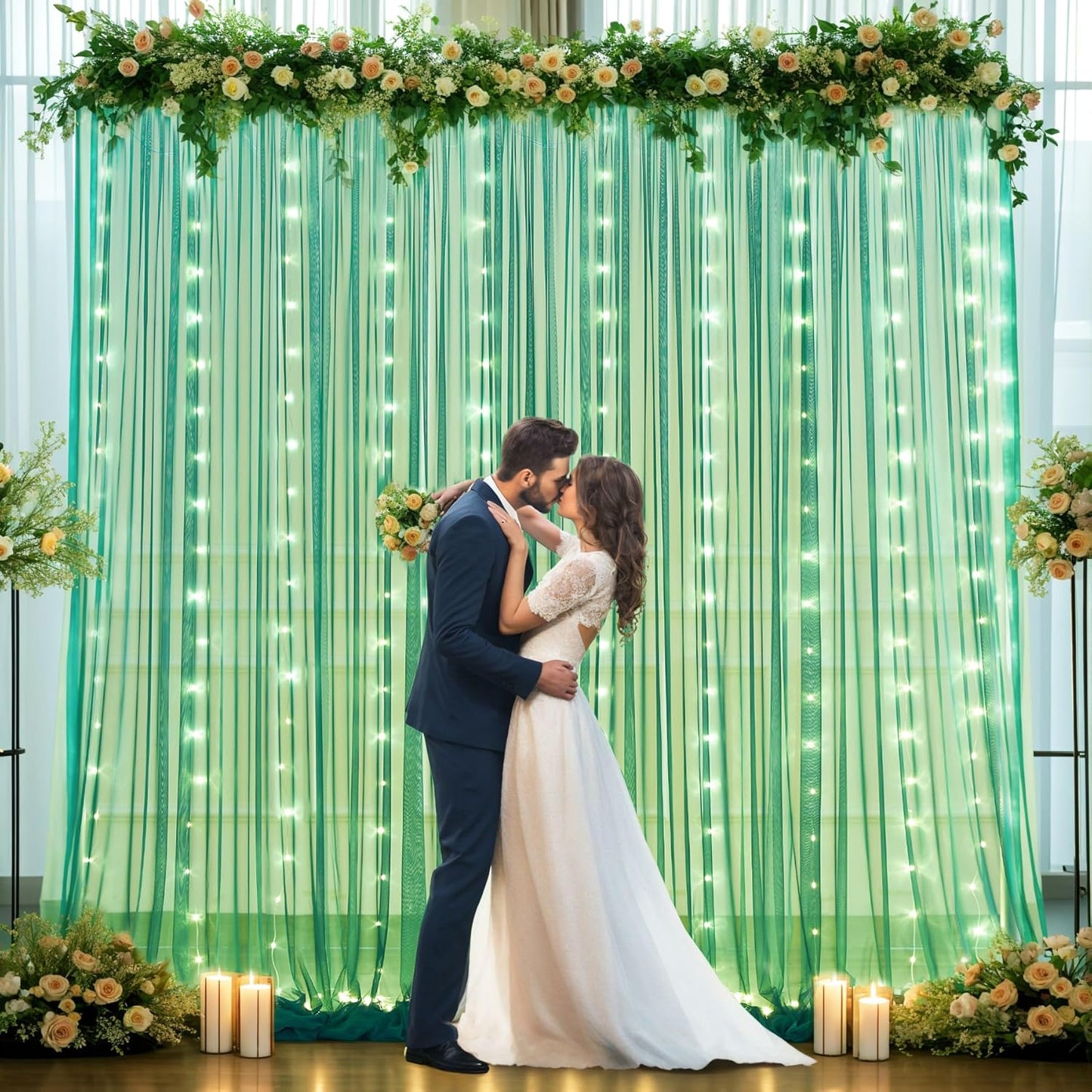 Hunter Green Tulle Backdrop Curtains with Lights String for Parites 10x10ft Sheer Backdrop Curtains Drapes for Birthday Party Bridal Shower Baby Shower Photo Booth Background Decorations