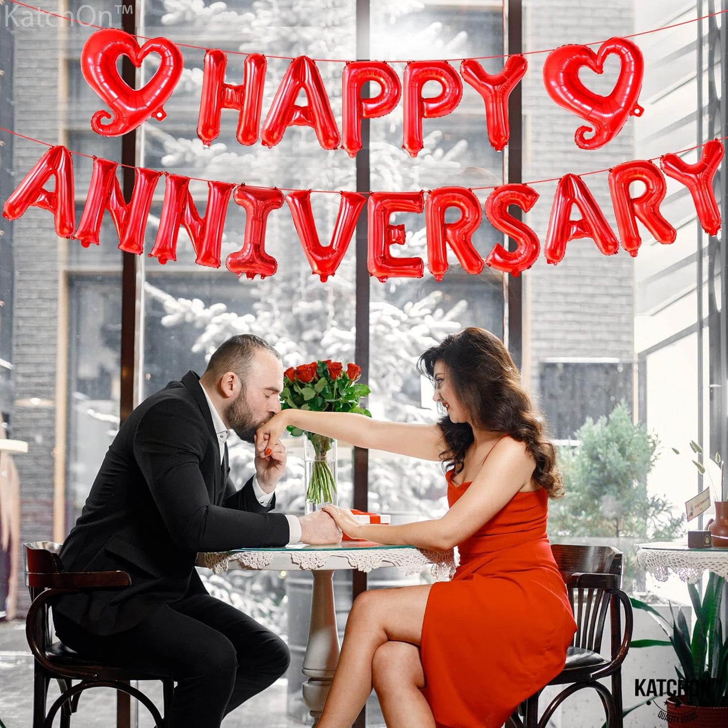 KatchOn 18 Inch Happy Anniversary Balloons Letters - Big Red Banner for Decorations | Heart Balloons for Party