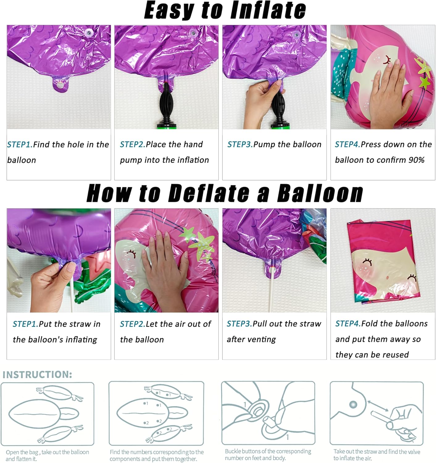 Self Standing mermaid birthday balloon mermaid foil balloon Ocean Balloon for Girls Under The Sea Little Mermaid theme Birthday Party Baby Shower Birthday Decoration Supplies