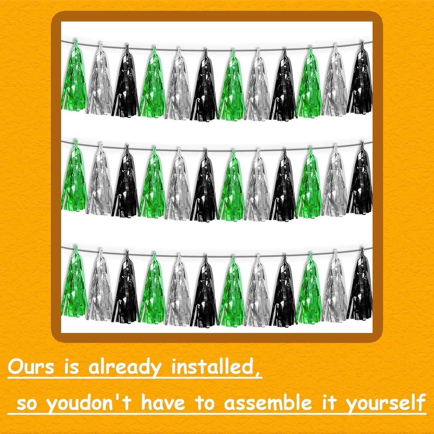 3P Black Silver Green Metallic Fringe Tassel Banner Garland Foil Tinsel Streamer Wall Hanging Curtain Backdrop Banner for Parade Floats, Graduation Decorations, Halloween, Christmas Decorations