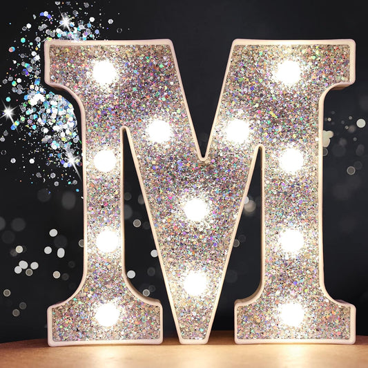 Pooqla Light Up Letters, LED Marquee Letters for Silver Birthday Decorations, Battery Powered Night Light Teenager Girl Room Decor, Gift for Girls Boys Wedding Bedroom Christmas Party Decor, Letter M