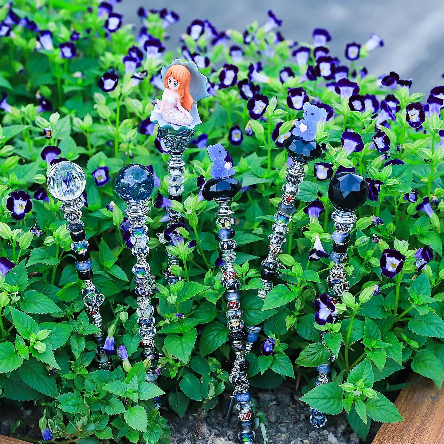 158 Pcs DIY Fairy Wand Garden Stakes Kit,Multiple Color Scheme European Beads Crystal Diamond Tops and 12 or 10 Inch Threaded Rods,Stainless Steel Stakes with Diamond Toppe (Black)