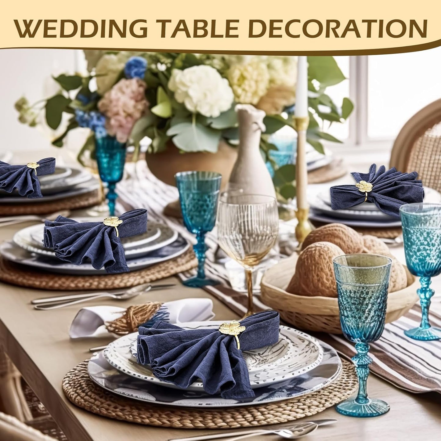 Bokon 50 Pcs Gold Napkin Rings Metal Napkin Holders Rings Bulk for Dining Anniversary Wedding Dinner Birthday Holiday Party Banquet Table Decoration (Flower)