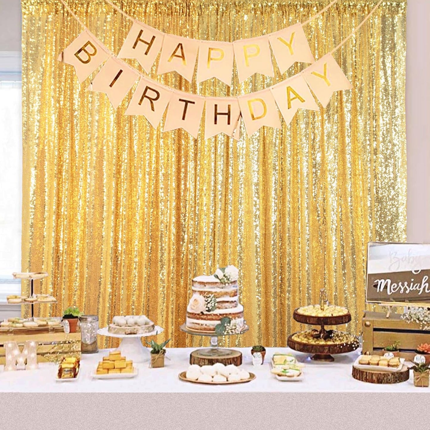 ShinyBeauty Gold Sequin Backdrop Curtain Sequin Curtains 4 Panels 4x10ft Shimmer Fabric Sparkly Photography Background Drapes for Parties Wedding Bridal Showers