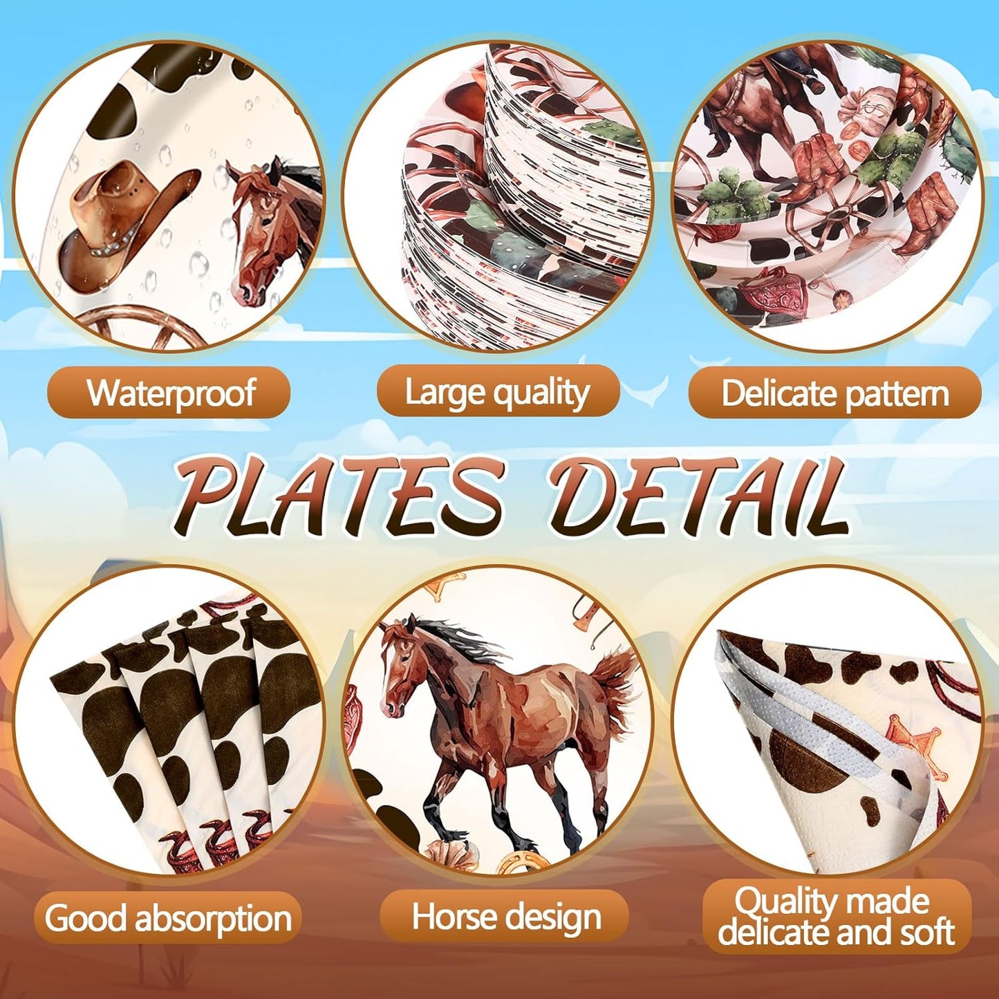 452 Pcs Western Birthday Party Decorations for 50, Western Cowboy Paper Plates Cups Napkins Tablecloth Cutlery Straws Cowboy Tableware for Wild West Horse Rodeo Birthday Party Supplies