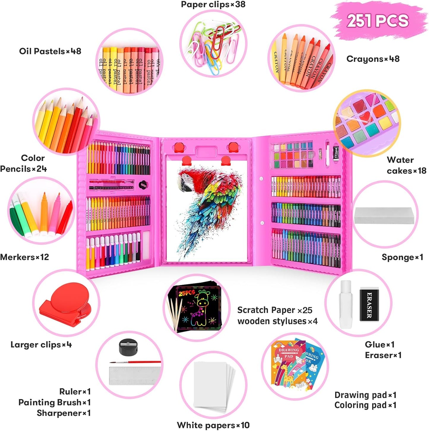 Stocking Stuffers, Art Supplies, Arts and Crafts for Kids Ages 8-12, Teens Girls Christmas Gifts, 251-Pack Art Set Case with Trifold Easel, Sketch Pads, Gifts for 5-12 Year Old Girl