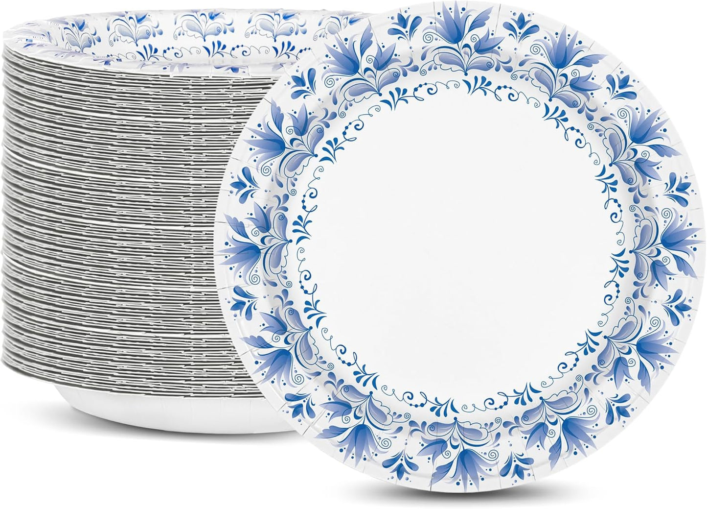 Charmount Blue Flower Printed Paper Plates - Bulk 8.5 Inch, 150pcs, Soak & Cut Proof for Parties & Daily Use