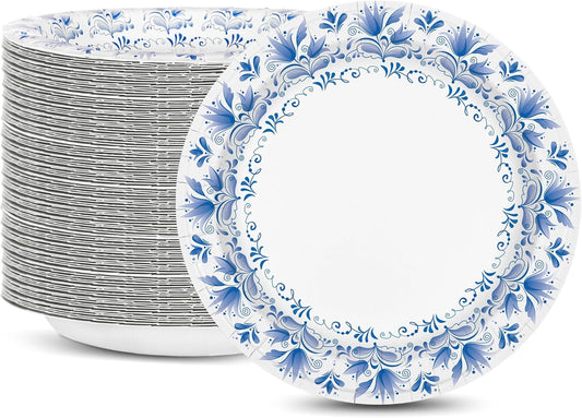 Charmount Blue Flower Printed Paper Plates - Bulk 8.5 Inch, 150pcs, Soak & Cut Proof for Parties & Daily Use