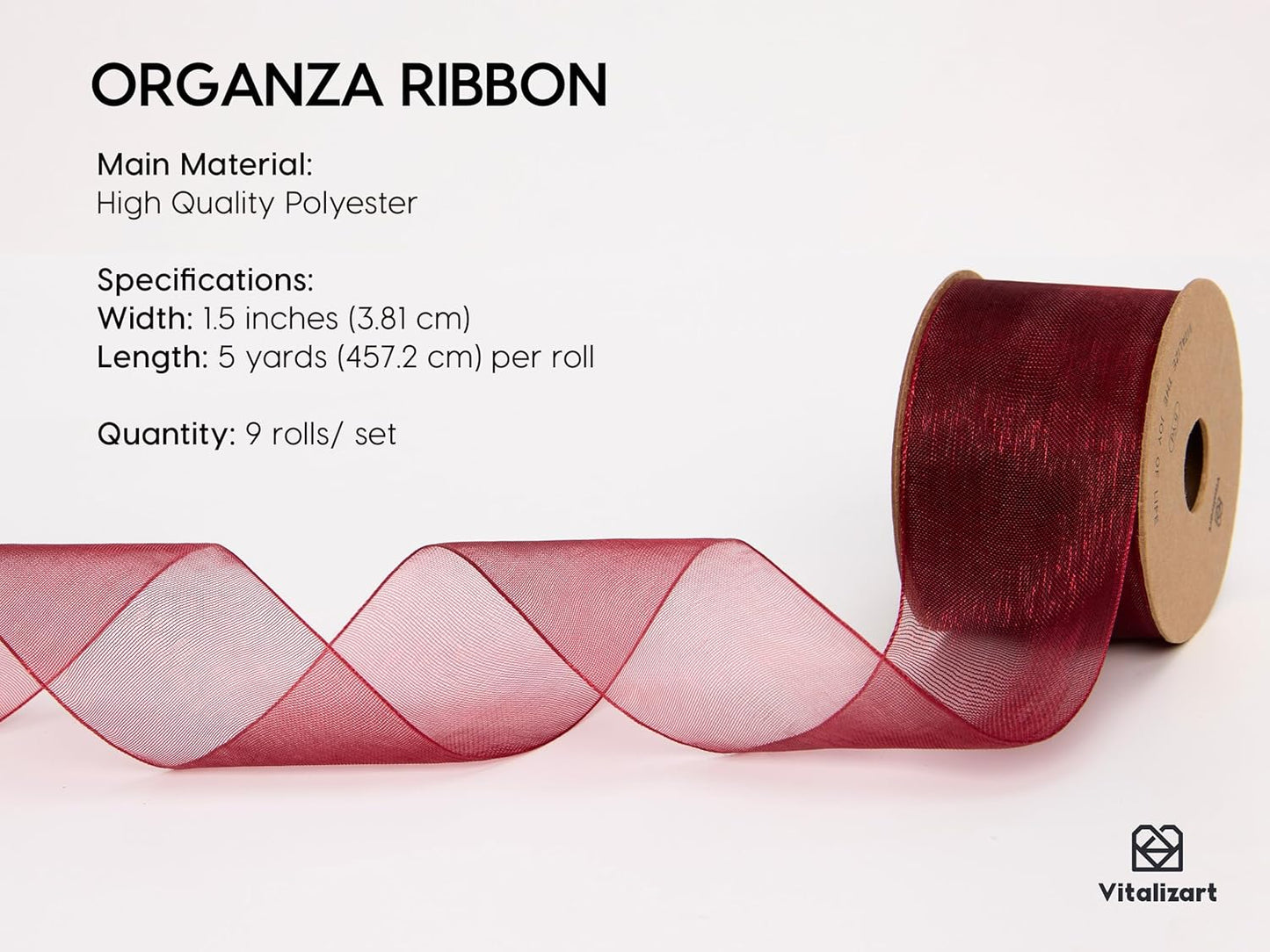 Vitalizart 1.5" x 45 Yards Organza Ribbon Pastel Color 9 Rolls x 5 Yd Sheer Ribbon for Gift Wrapping Crafts Christmas Tree Bows Wedding Invitations Wreaths Party Decor Bouquet DIY Projects