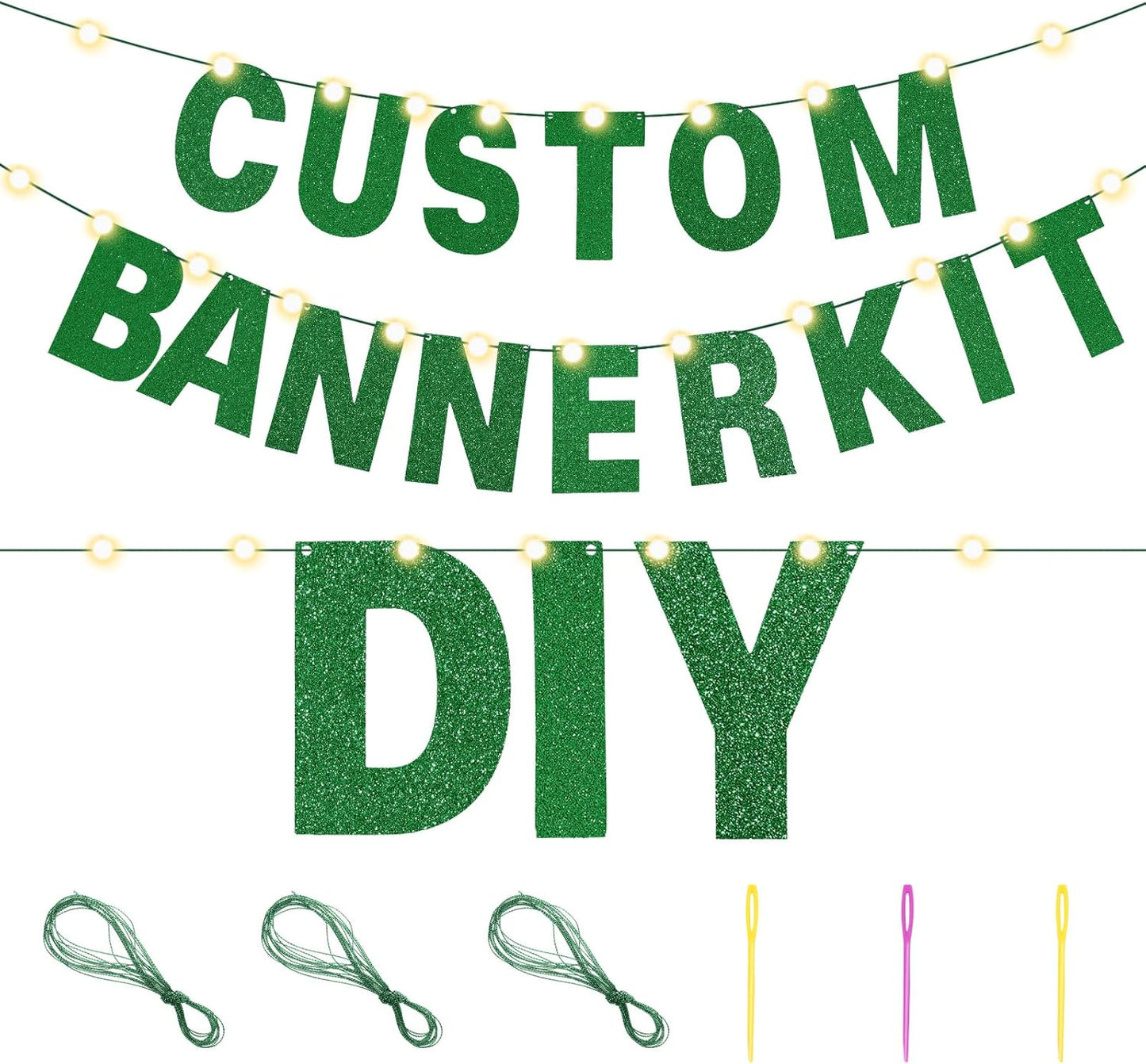 TaoBary 112 Pcs DIY Letter Kit Glitter Customizable Banner Letters Include 107 Letters and Numbers 3 Rope and 2 Needles for Birthday Halloween Christmas Wedding Valentine Party Decor(Green)