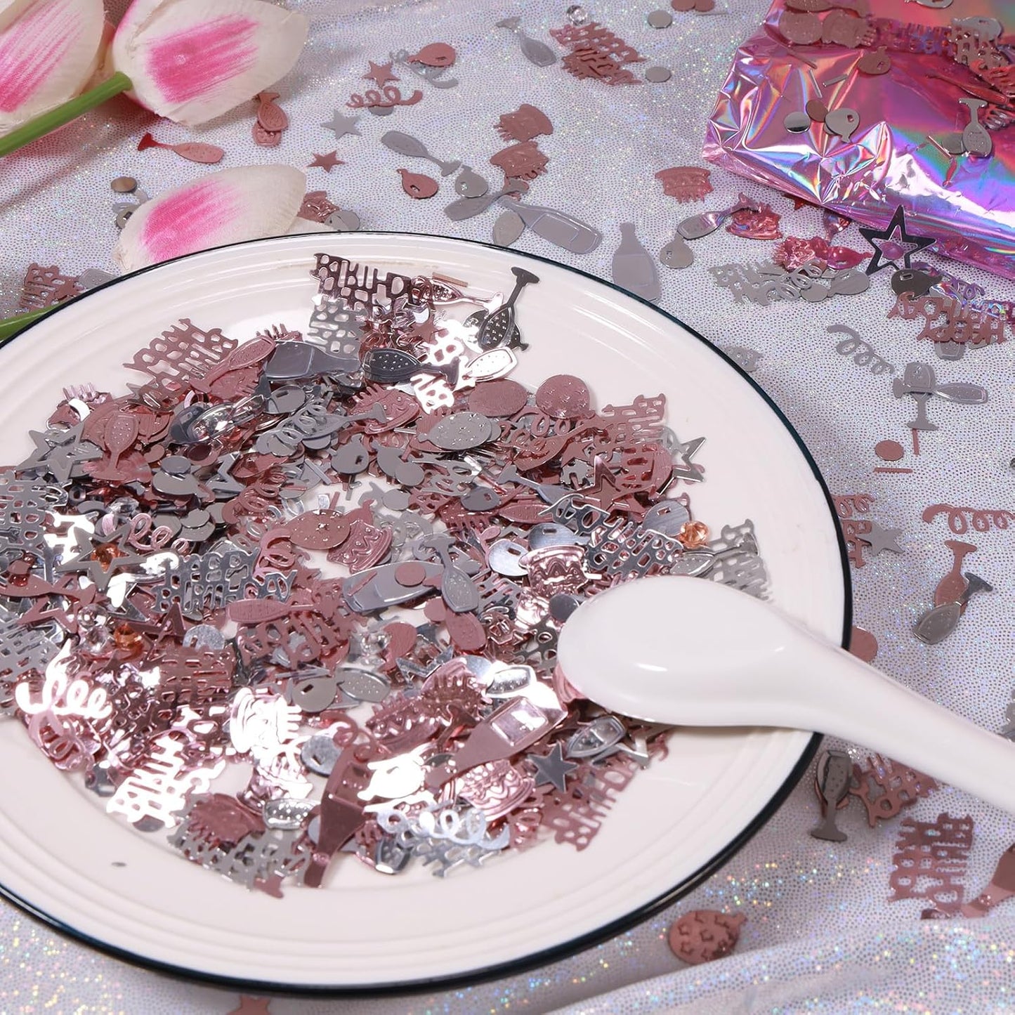 Rose Gold and Silver Happy Birthday Confetti, 3000 Pcs Birthday Cake Table Metallic Foil Confetti Party Table Decor for Party, Baby Shower, DIY Arts and Crafting