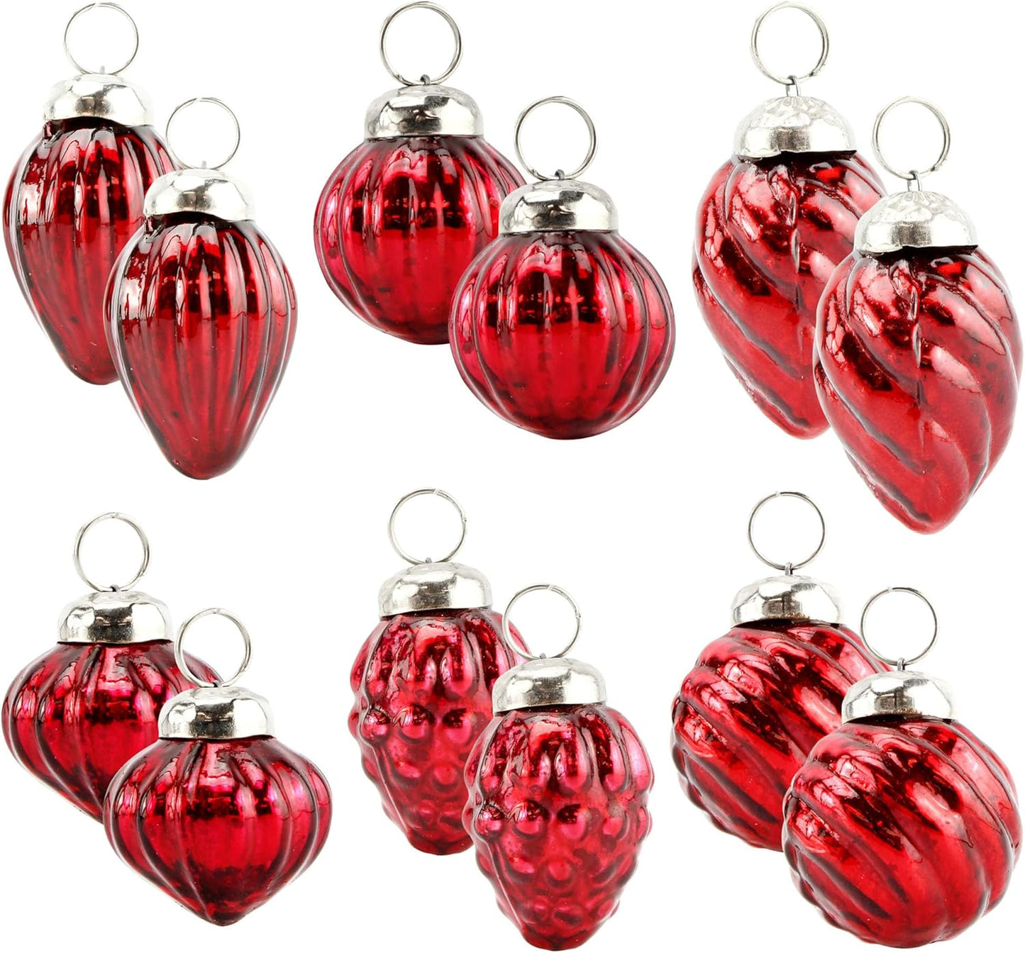 AuldHome Mercury Glass Finial Ornaments (Set of 12, Red, Small); Distressed Metal Antique Style Christmas Tree Decorations; 1.3 to 2-Inch Size