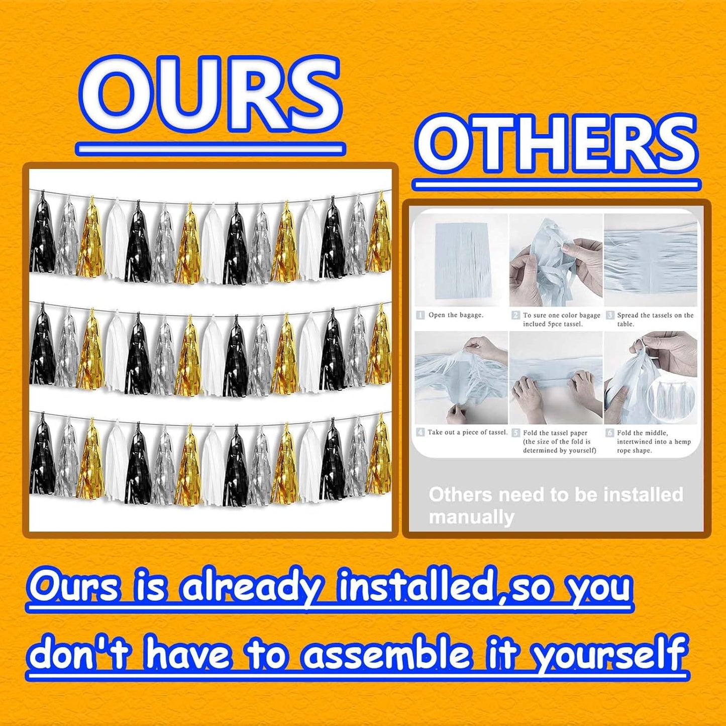 3P Metallic Fringe Tassel Banner Garland Foil Tinsel Streamer Wall Hanging Curtain Backdrop Banner for Parade Floats,Graduation Decorations, New Years Decorations,Father' Day(Black Gold Silver)